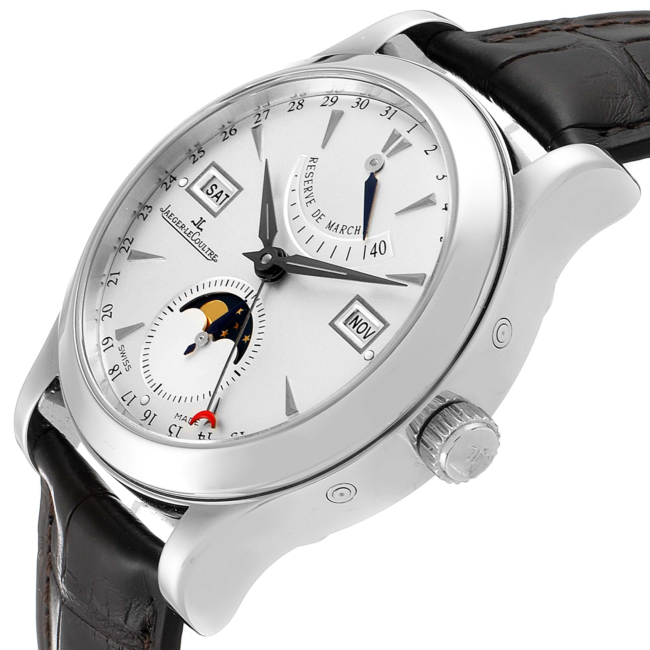 The image shows a Jaeger LeCoultre Master 147.8.41.S Men's Stainless Steel Silver Dial 147.8.41.S Men's Stainless Steel Silver Dial model watch, angled to display the face, side casing, and partial strap.