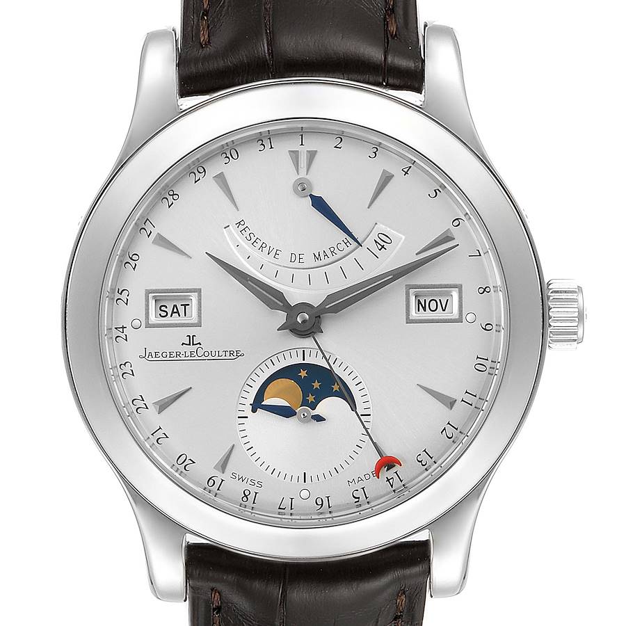 Jaeger Lecoultre Master Calendar Moonphase Mens Watch 147.8.41.S Box Papers SwissWatchExpo