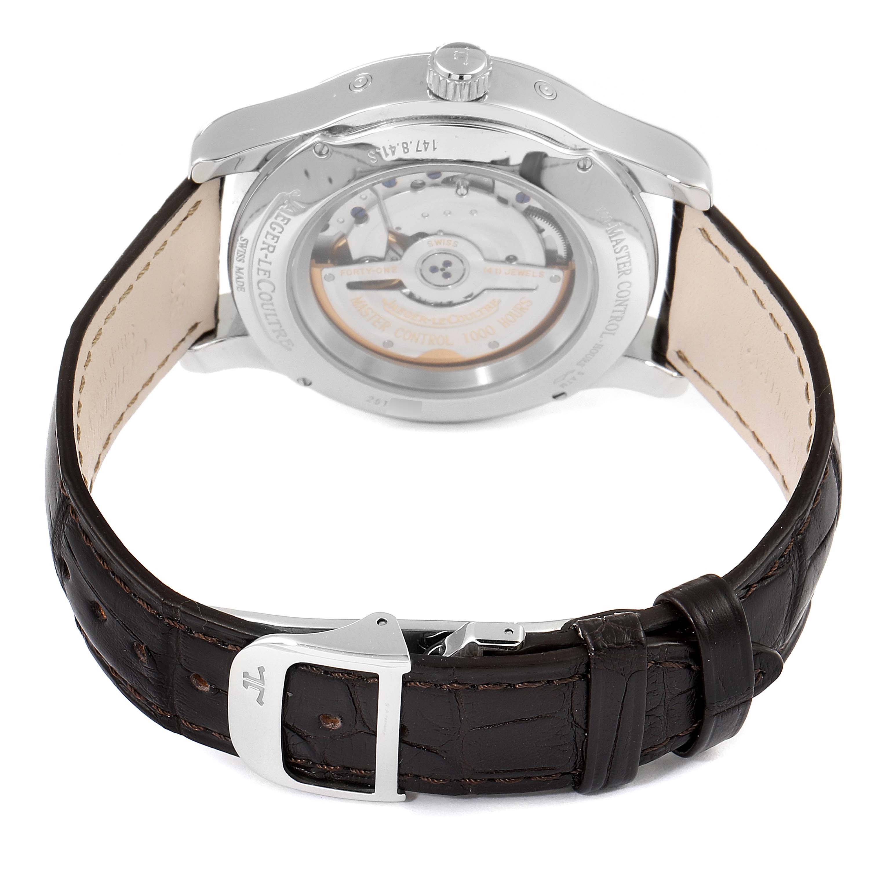 This image shows the back view of a Jaeger LeCoultre Master 147.8.41.S Men's Stainless Steel Silver Dial 147.8.41.S Men's Stainless Steel Silver Dial model watch, highlighting its automatic movement and leather strap.