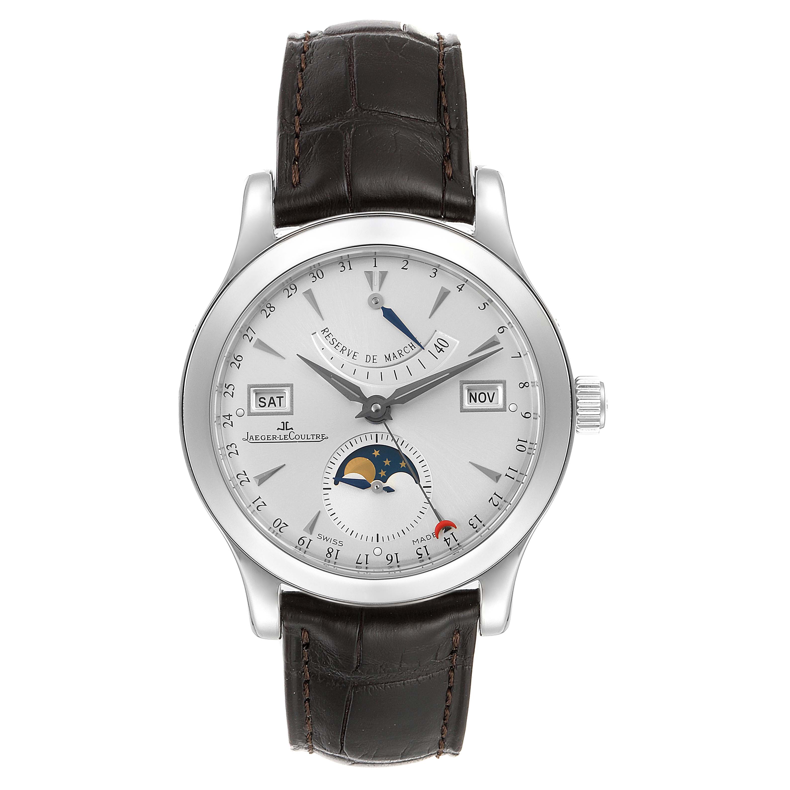 This image shows a front view of the Jaeger LeCoultre Master 147.8.41.S Men's Stainless Steel Silver Dial 147.8.41.S Men's Stainless Steel Silver Dial model watch with a brown leather strap.