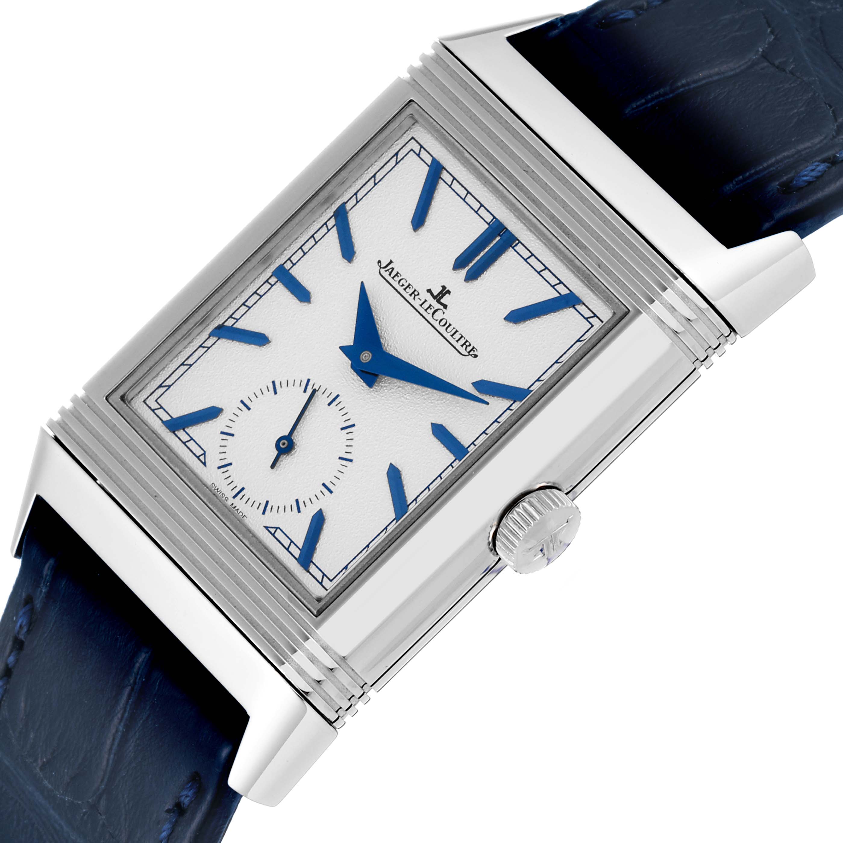 This image shows a close-up of the Jaeger LeCoultre Reverso Q3908420 Men's Stainless Steel Blue Dial Q3908420 Men's Stainless Steel Blue Dial watch face and side crown at a tilted angle.