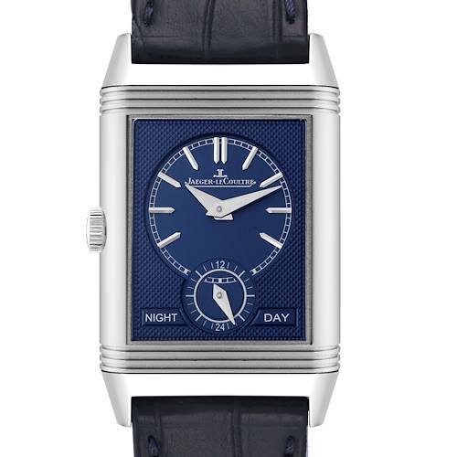 The image shows a front view of a Jaeger-LeCoultre Reverso watch, displaying the dial with time, day/night indicator, and strap ends.