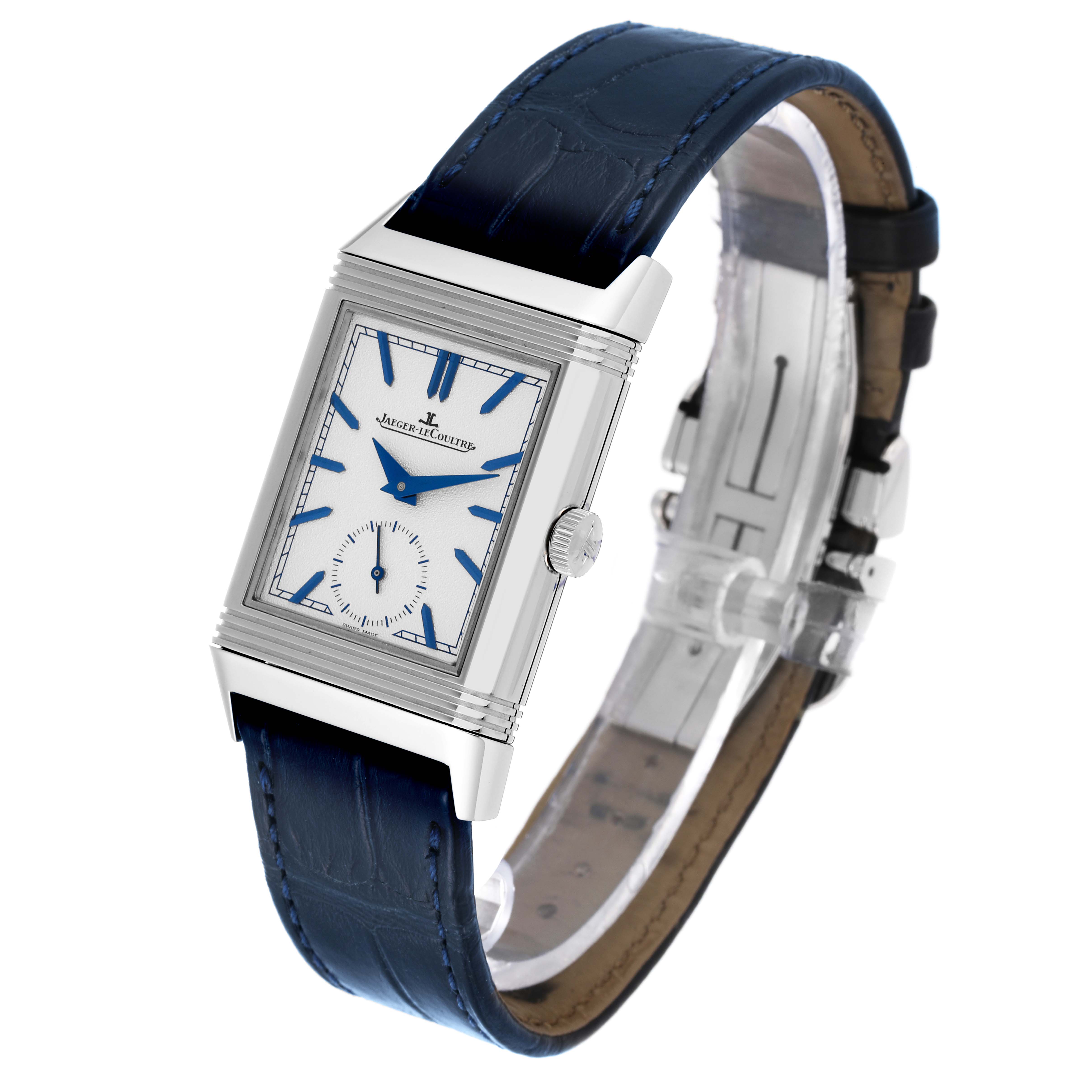The image shows a Jaeger LeCoultre Reverso Q3908420 Men's Stainless Steel Blue Dial Q3908420 Men's Stainless Steel Blue Dial watch from an angled front view, displaying its dial, case, and leather strap.