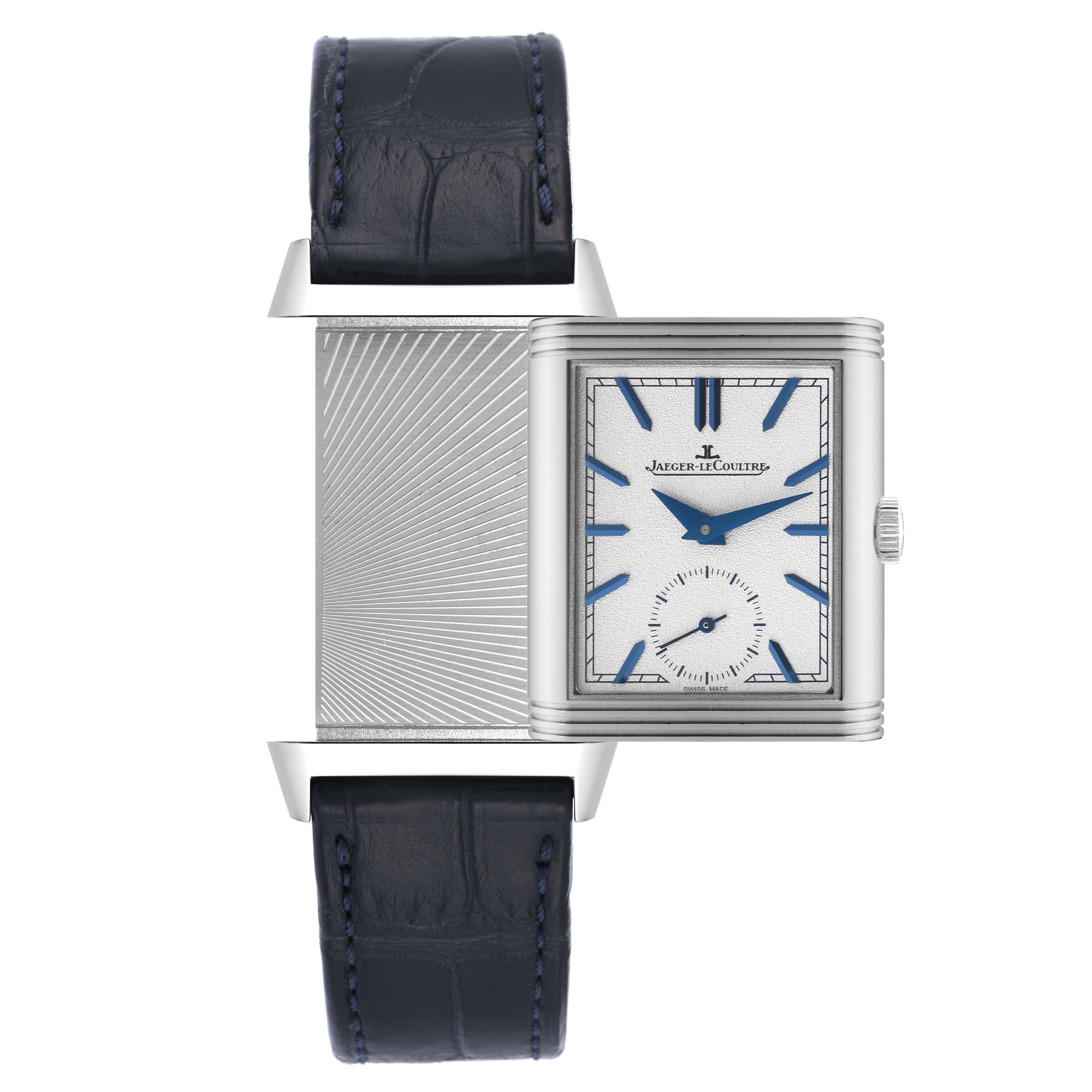 The image shows a front view of a Jaeger LeCoultre Reverso Q3908420 Men's Stainless Steel Blue Dial Q3908420 Men's Stainless Steel Blue Dial watch, highlighting its rectangular dial and pivoting case.