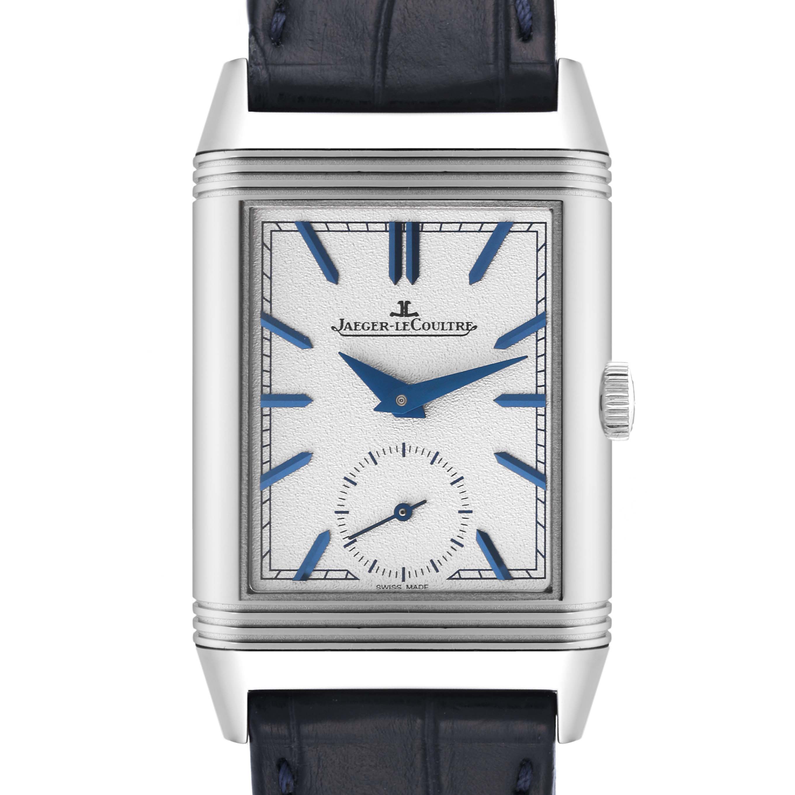 The image shows a front view of the Jaeger LeCoultre Reverso Q3908420 Men's Stainless Steel Blue Dial Q3908420 Men's Stainless Steel Blue Dial watch, highlighting its rectangular dial and blue hands.