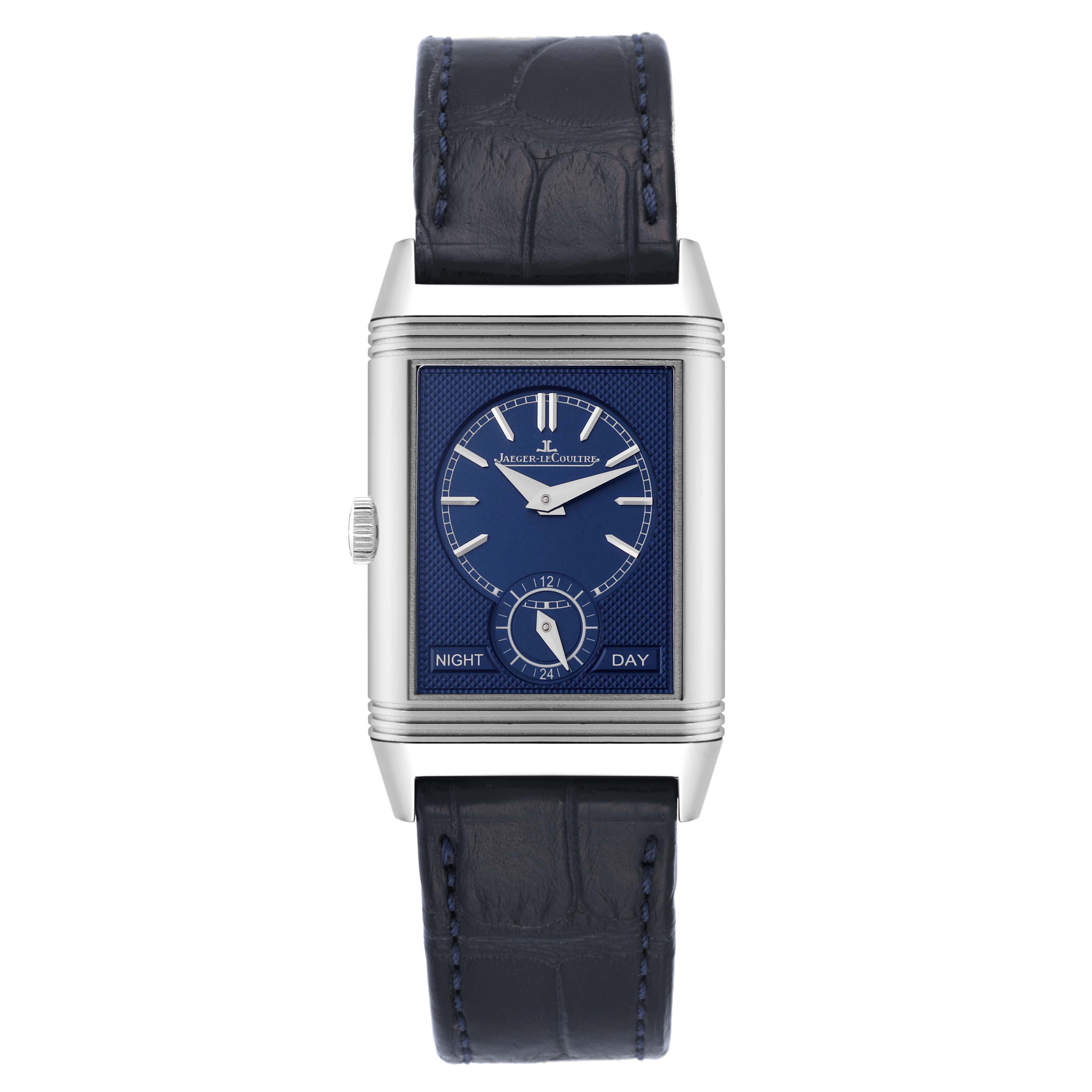 This is a front view of a Jaeger LeCoultre Reverso Q3908420 Men's Stainless Steel Blue Dial Q3908420 Men's Stainless Steel Blue Dial watch, showing its blue dial, silver case, and leather strap.