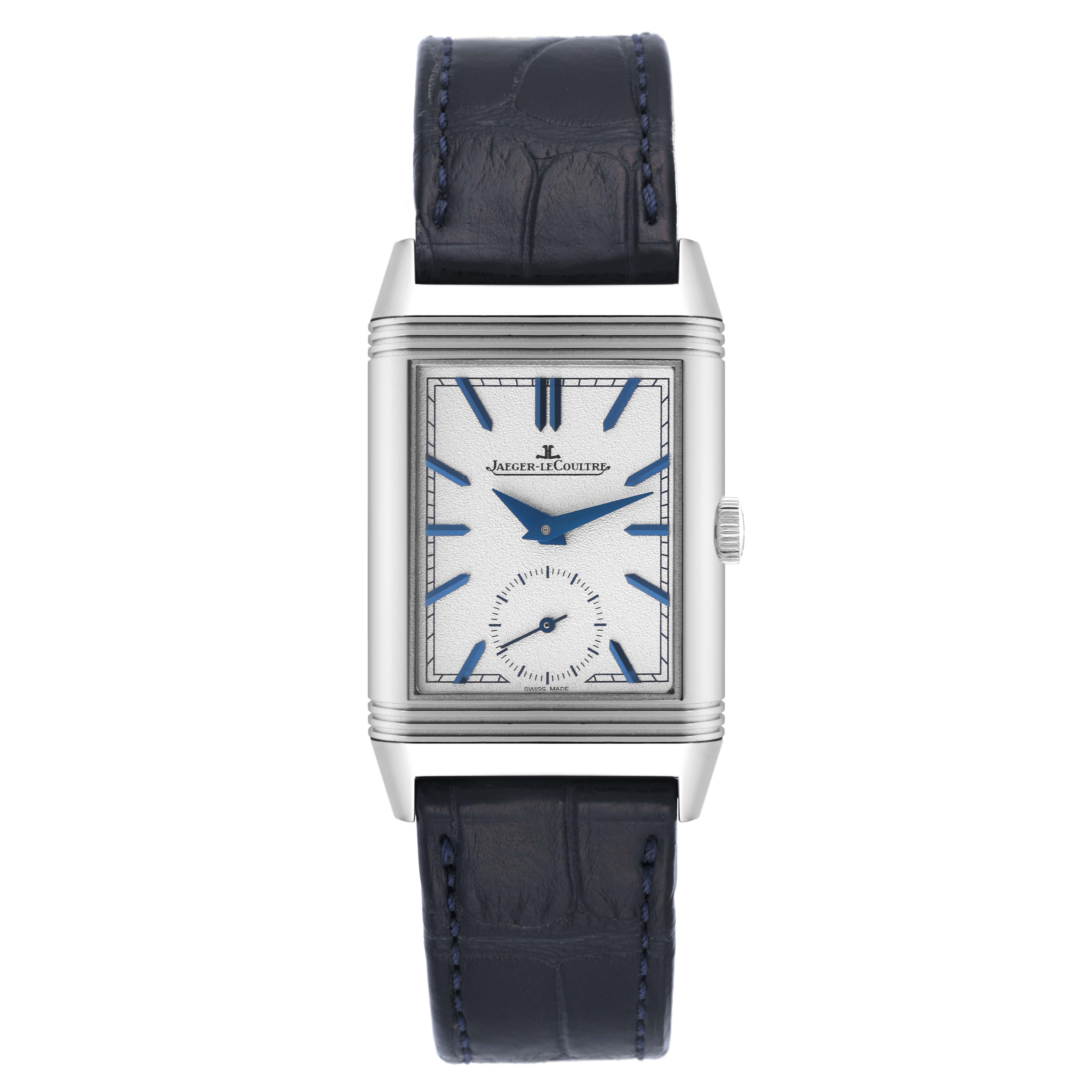 The image shows a front view of a Jaeger LeCoultre Reverso Q3908420 Men's Stainless Steel Blue Dial Q3908420 Men's Stainless Steel Blue Dial watch, including the dial, case, and leather strap.