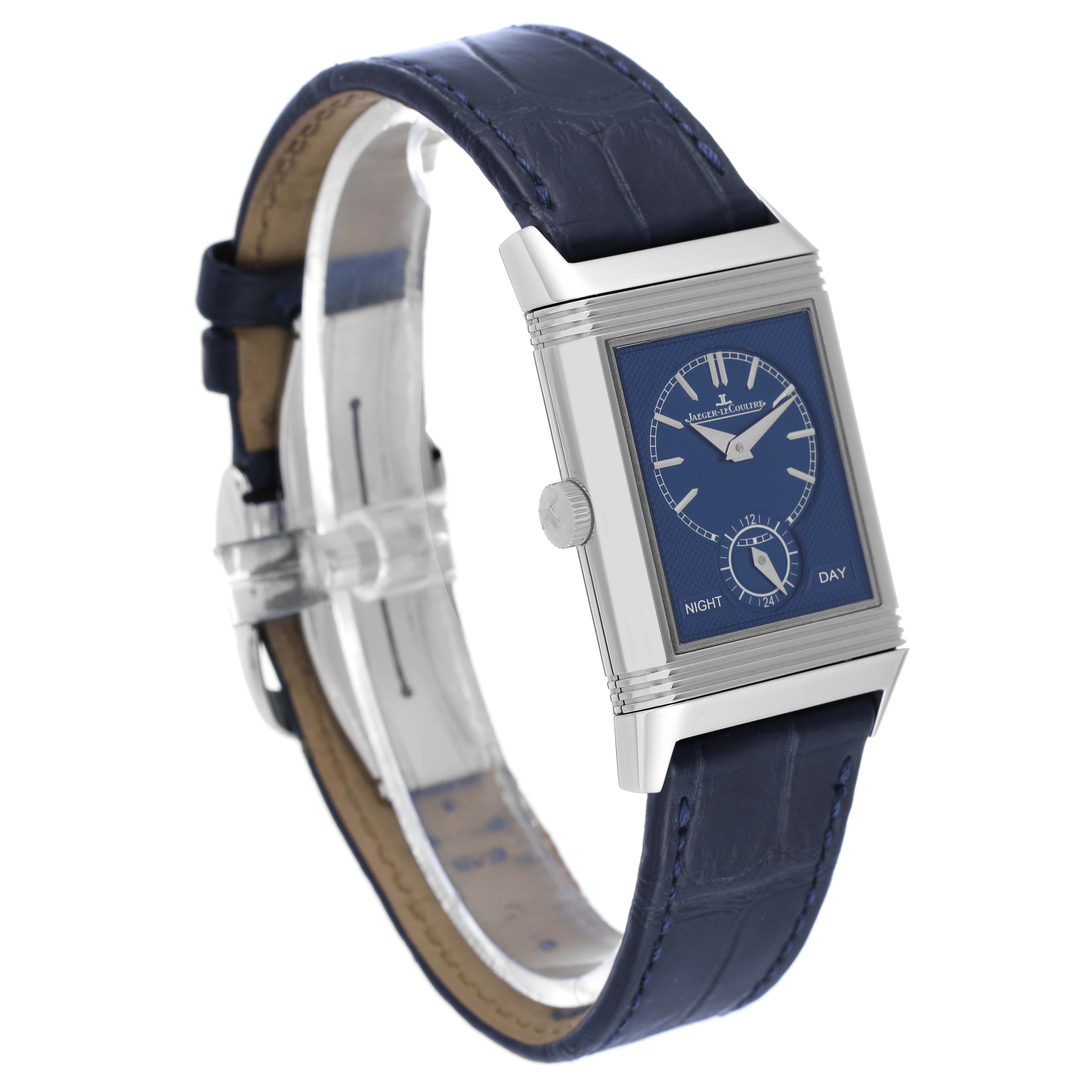The image shows a Jaeger LeCoultre Reverso Q3908420 Men's Stainless Steel Blue Dial Q3908420 Men's Stainless Steel Blue Dial watch at a side angle, highlighting its blue dial, rectangular case, and leather strap.