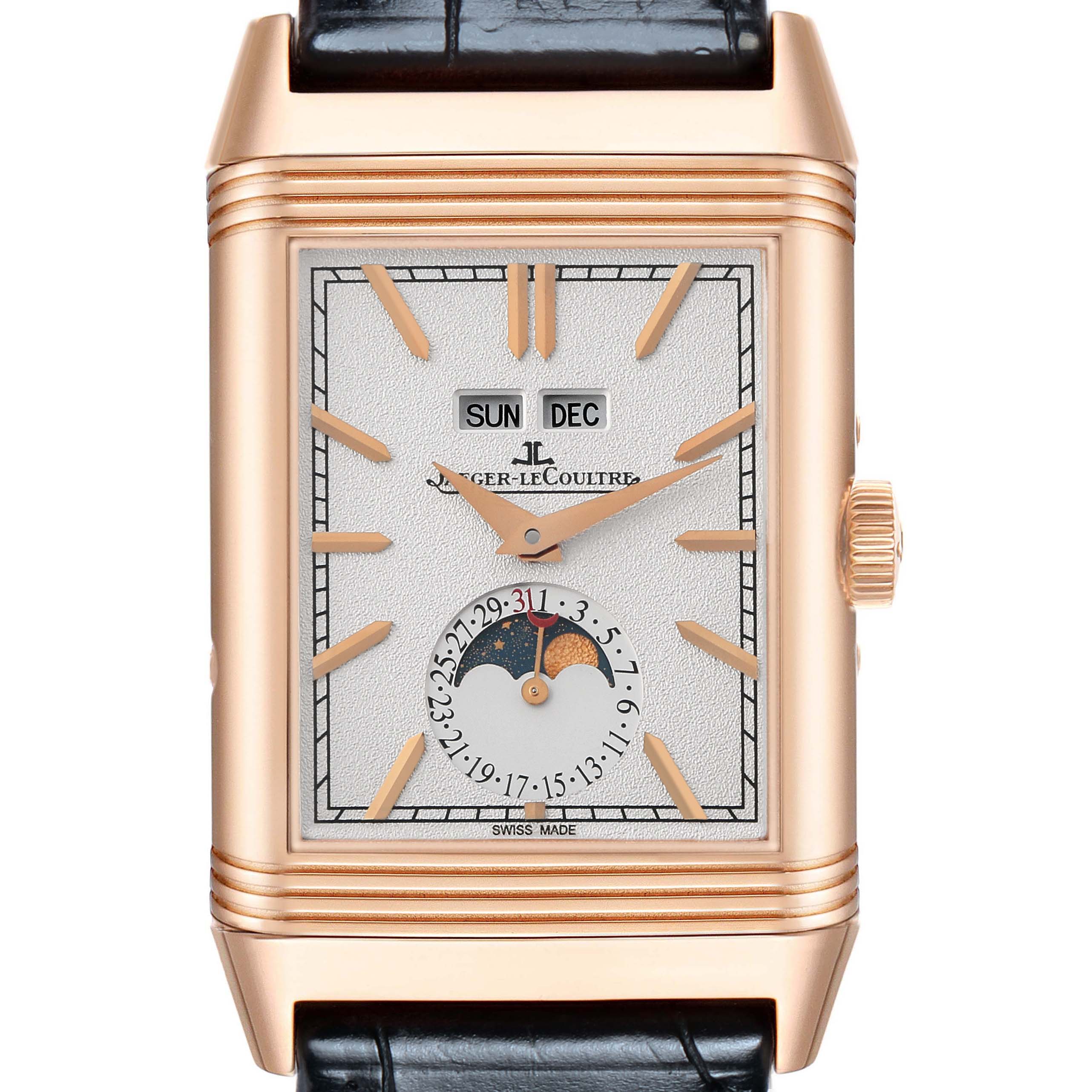 The Jaeger-LeCoultre Reverso watch is shown from the front, displaying its face, hands, crown, and part of the strap.