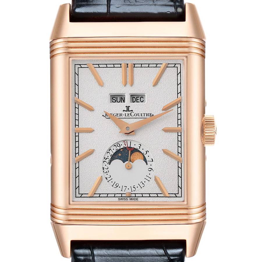 The Jaeger-LeCoultre Reverso watch is shown from the front, displaying its face, hands, crown, and part of the strap.