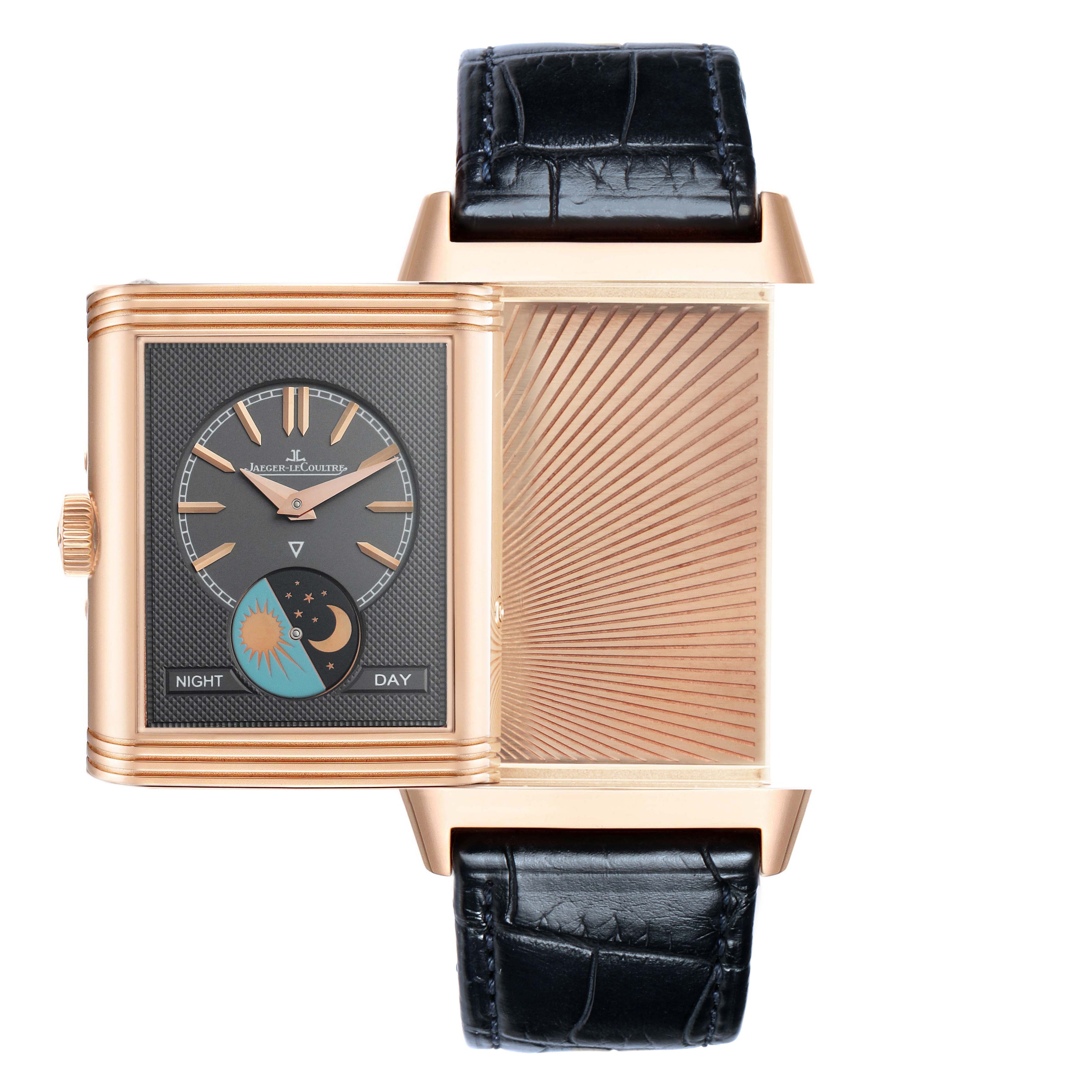 The Jaeger LeCoultre Reverso Q3912420 Men's Rose Gold Silver Dial watch is shown at an oblique angle, highlighting the day/night dial and engraved back.