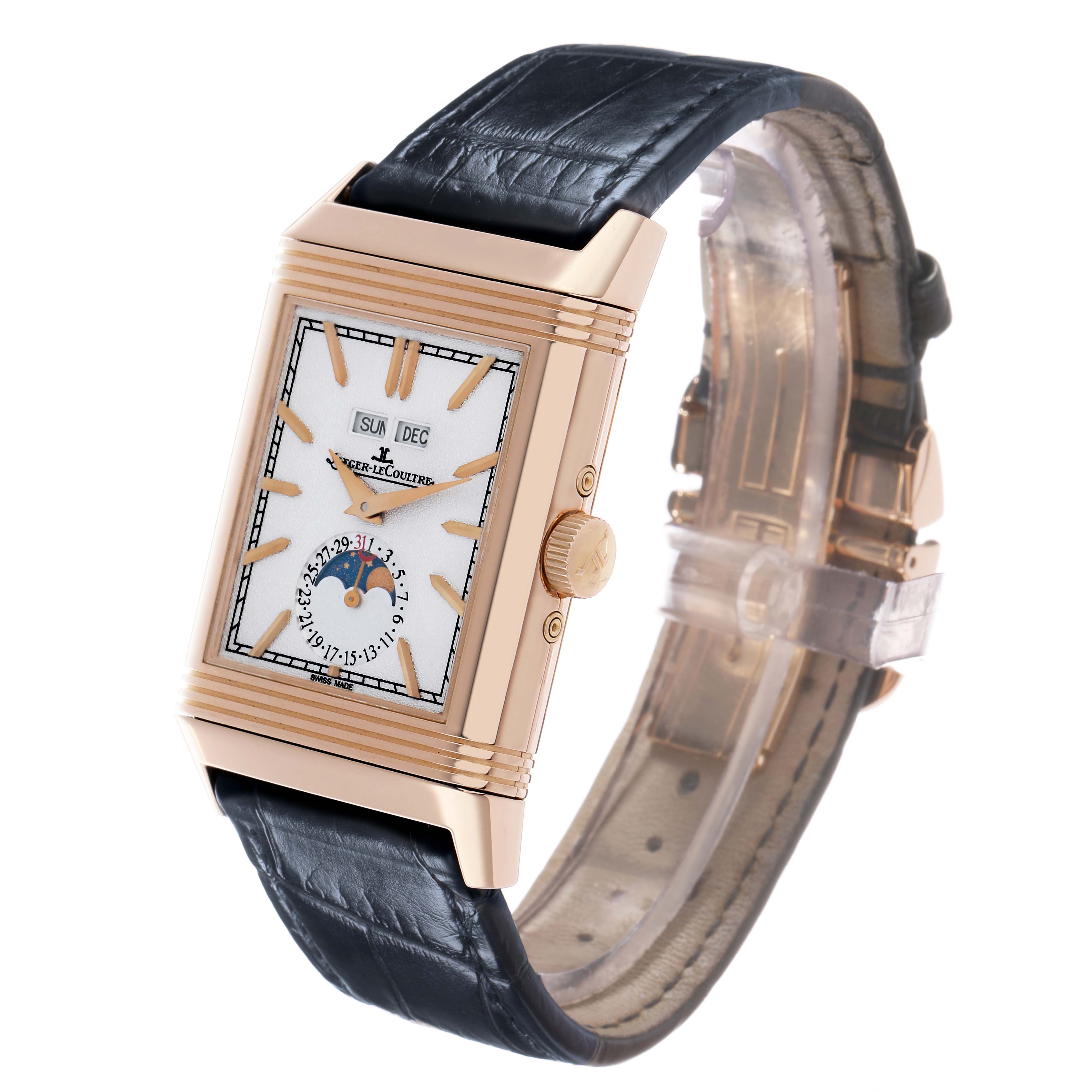 The Jaeger LeCoultre Reverso Q3912420 Men's Rose Gold Silver Dial watch is shown at a slight angle, showcasing the rectangular case, dial, and black leather strap.