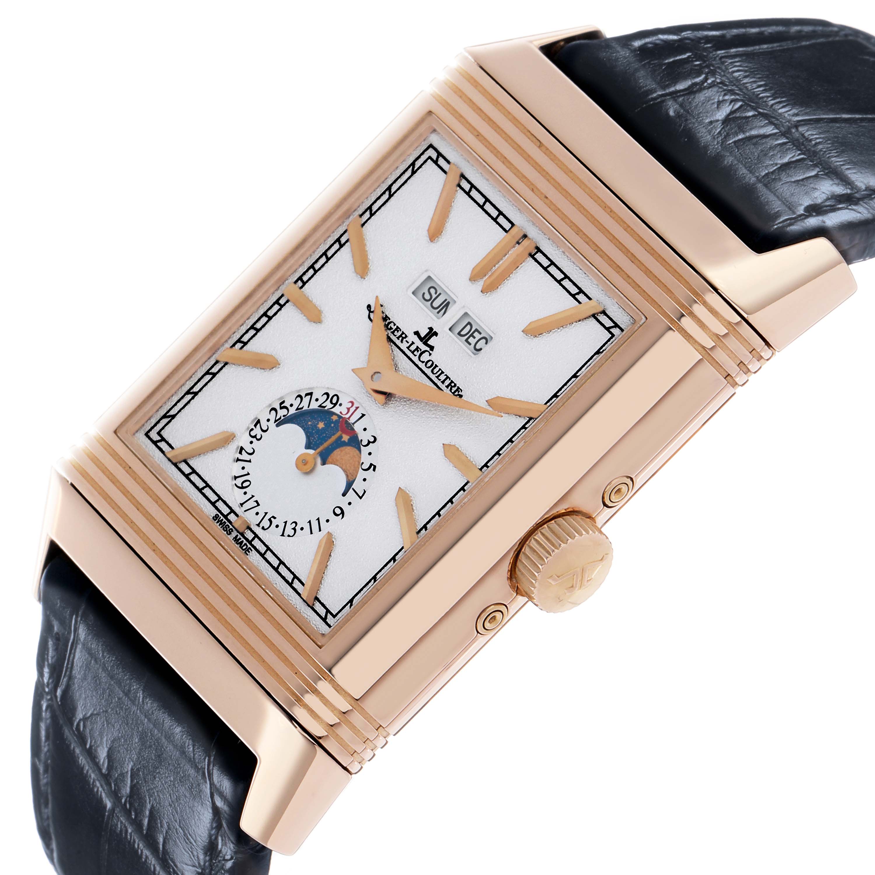 The Jaeger-LeCoultre Reverso watch is shown at an angle highlighting the face, crown, and part of the strap.