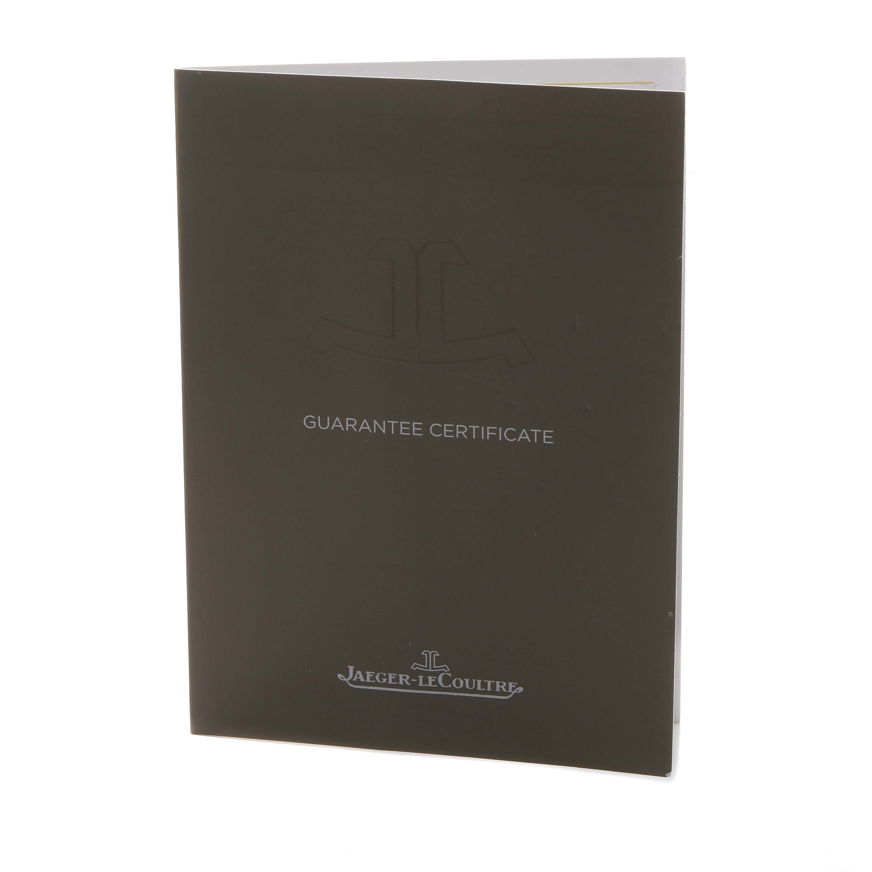 The image shows a Jaeger-LeCoultre Reverso model guarantee certificate booklet, viewed from the front at a slight angle.