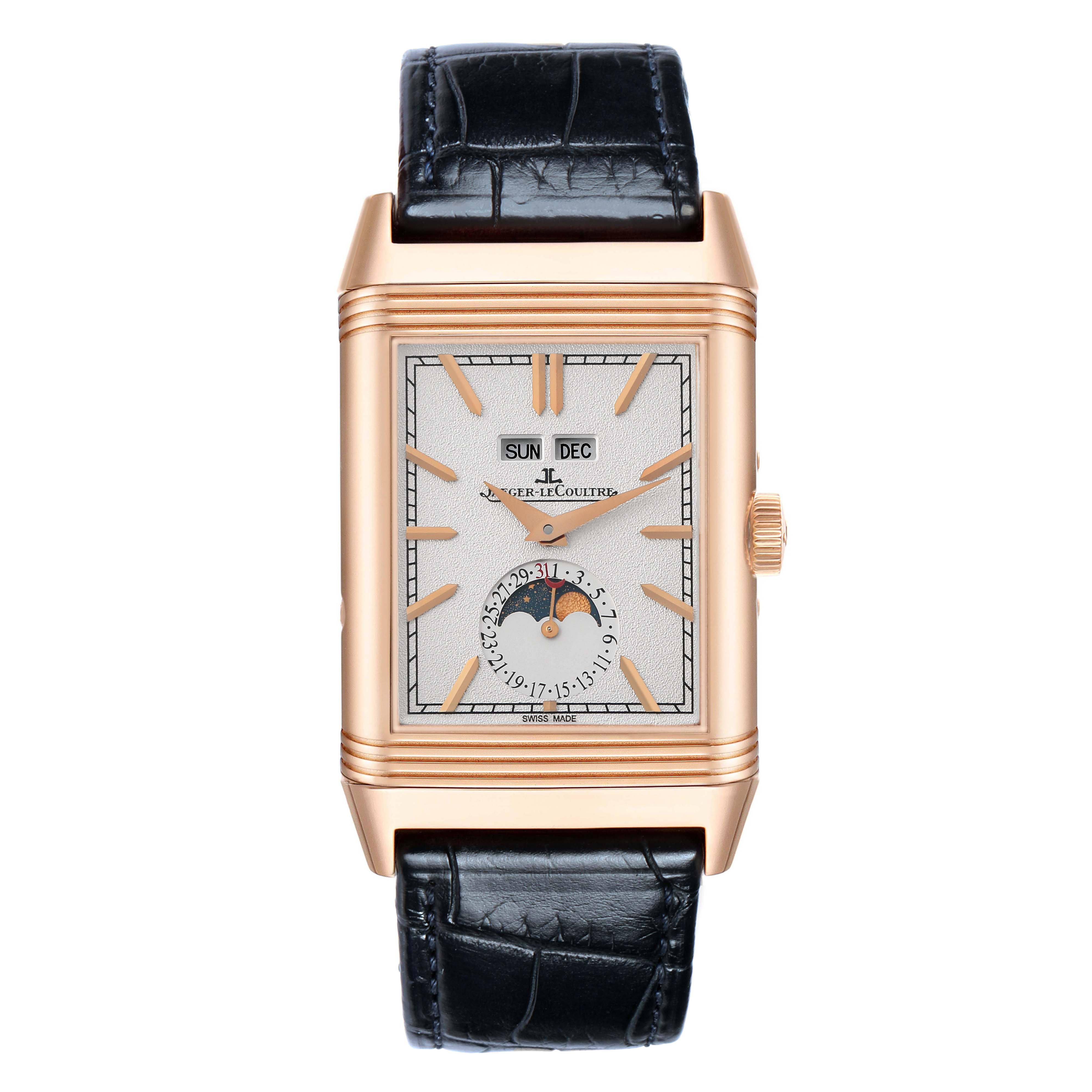 The image shows a front view of a Jaeger-LeCoultre Reverso watch, displaying the dial, hands, calendar windows, and moon phase.
