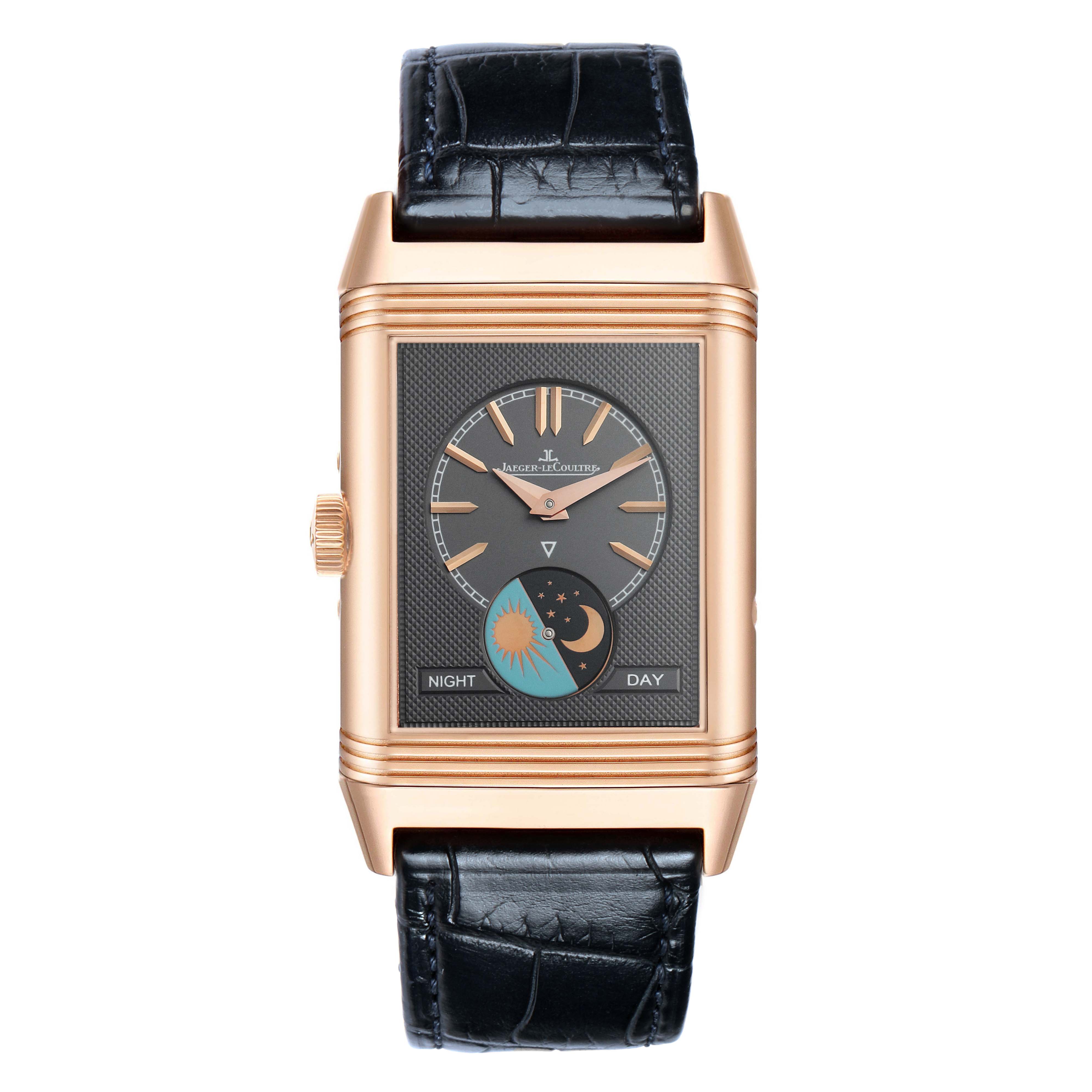 The Jaeger LeCoultre Reverso Q3912420 Men's Rose Gold Silver Dial watch is shown front-facing, highlighting the dial, case, and leather strap.