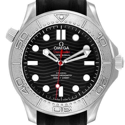 The Omega Seamaster 210.32.42.20.01.002 Men's Stainless Steel Black Dial watch is shown from the front, displaying the dial, bezel, and part of the strap.