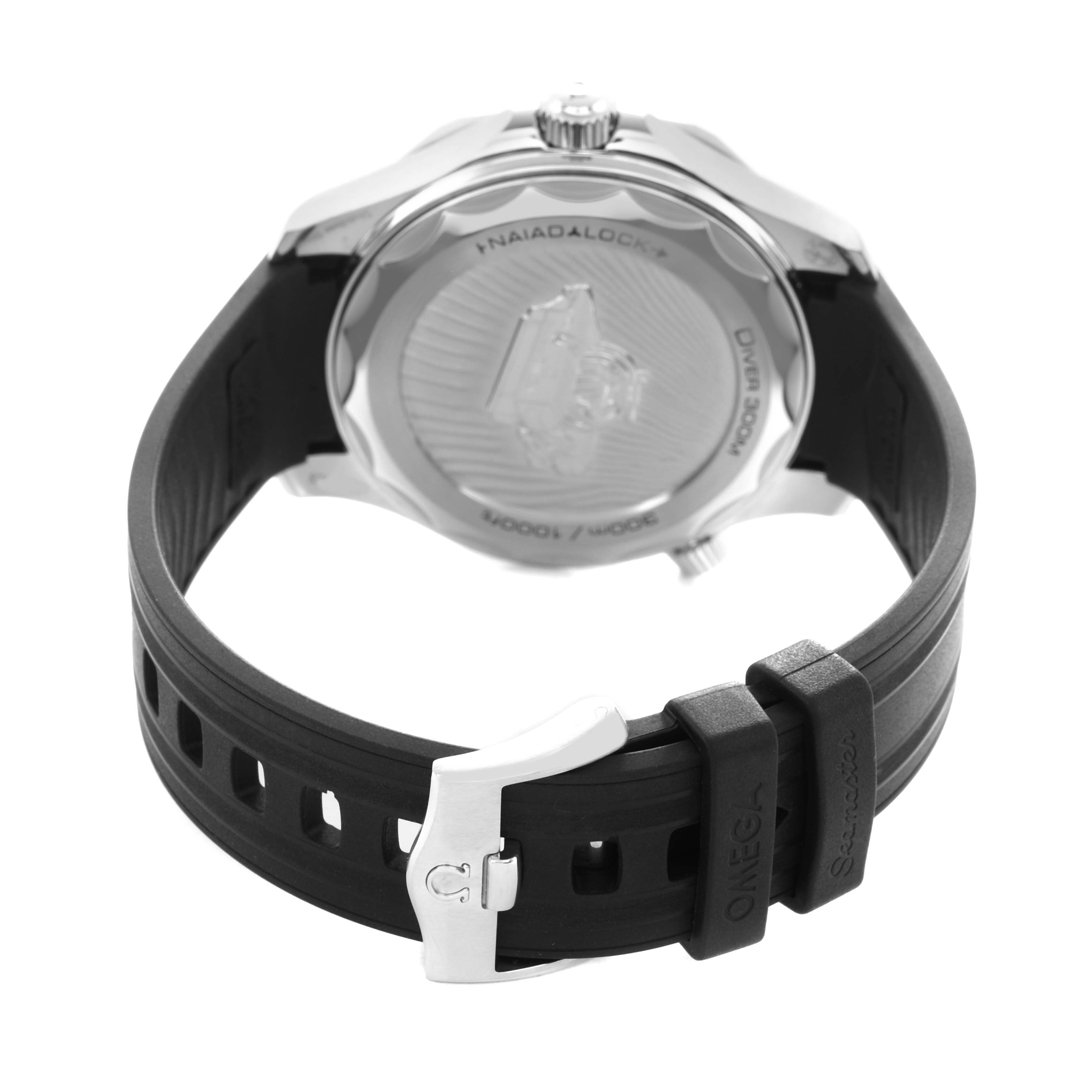 The image shows the back of the Omega Seamaster 210.32.42.20.01.002 Men's Stainless Steel Black Dial watch and its black rubber strap with a metal clasp.