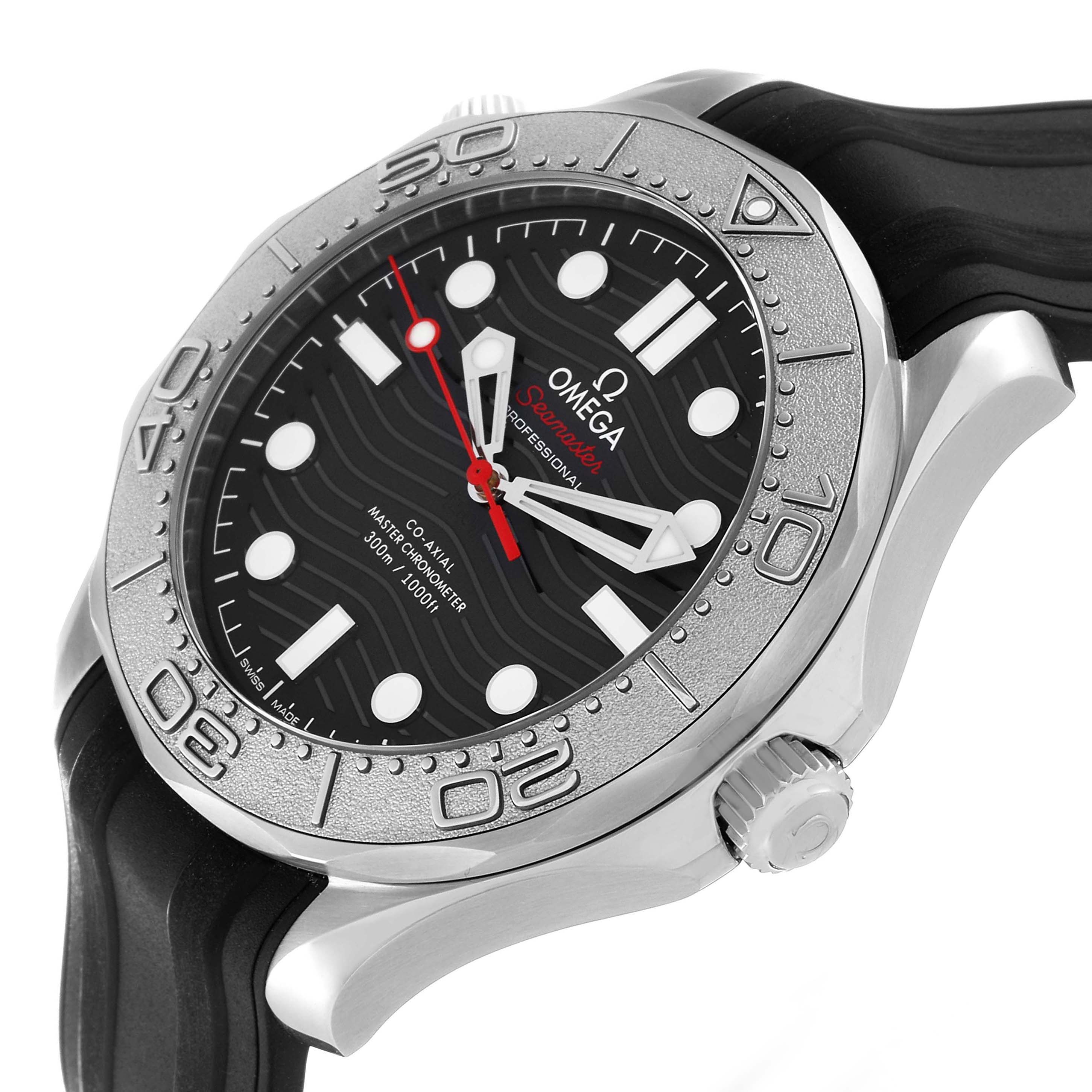 The Omega Seamaster 210.32.42.20.01.002 Men's Stainless Steel Black Dial watch is shown at a side angle highlighting the bezel, crown, and part of the black rubber strap.