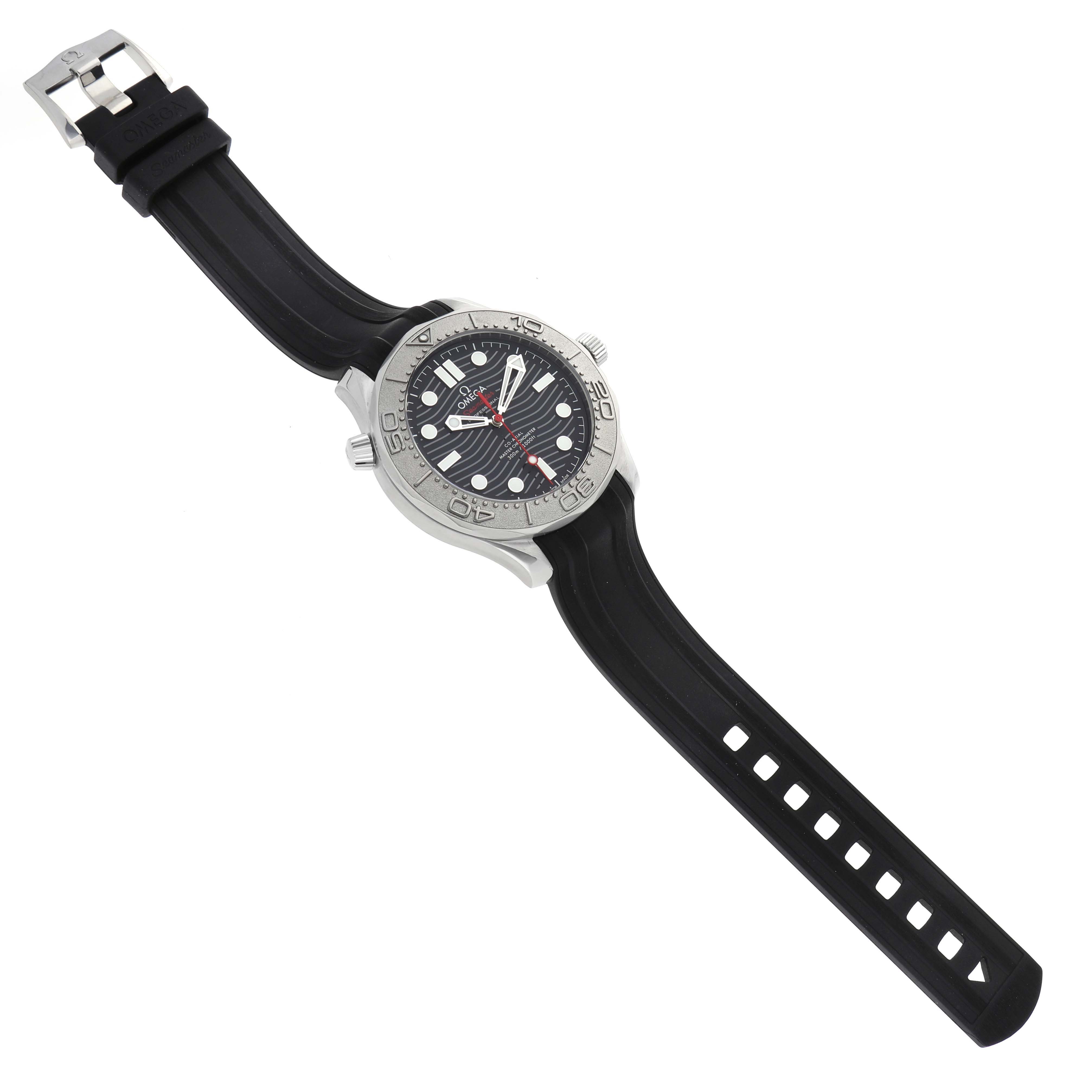 The Omega Seamaster 210.32.42.20.01.002 Men's Stainless Steel Black Dial watch is shown from a top angle, displaying the full face, bezel, and black rubber strap with buckle.