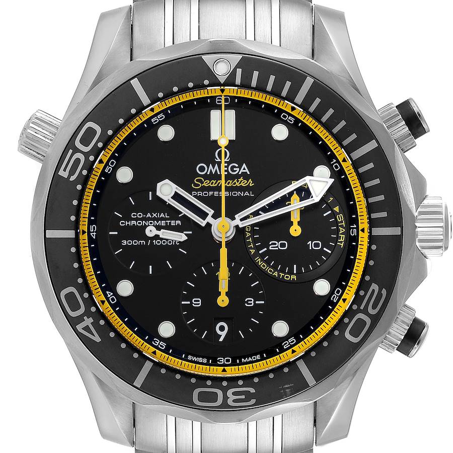 The Omega Seamaster watch is shown from a front angle, displaying its bezel, dial, and pushers.