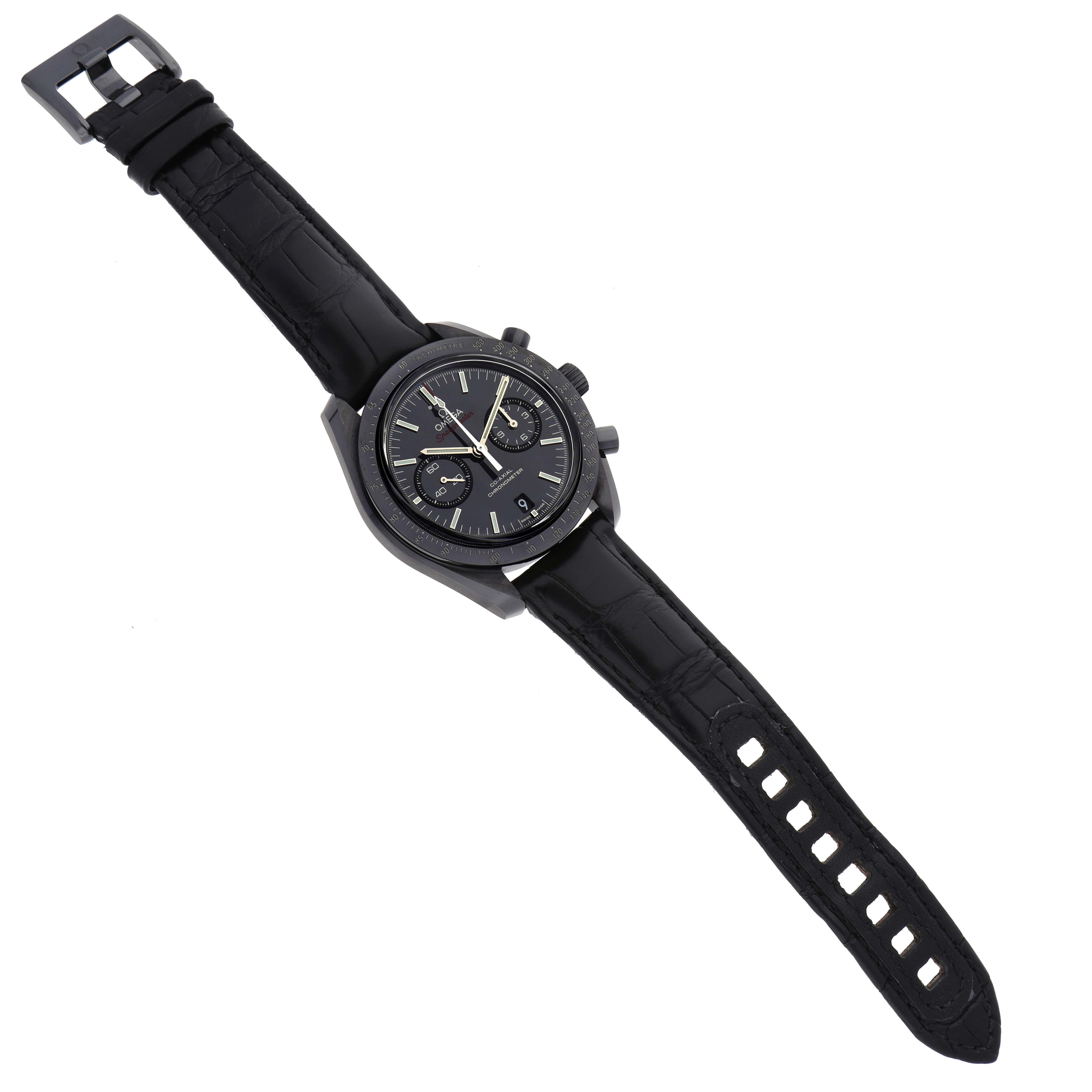 The Omega Speedmaster 311.92.44.51.01.003 Men's Ceramic Black Dial watch is shown from an angled top view, highlighting the face, bezel, and black leather strap.