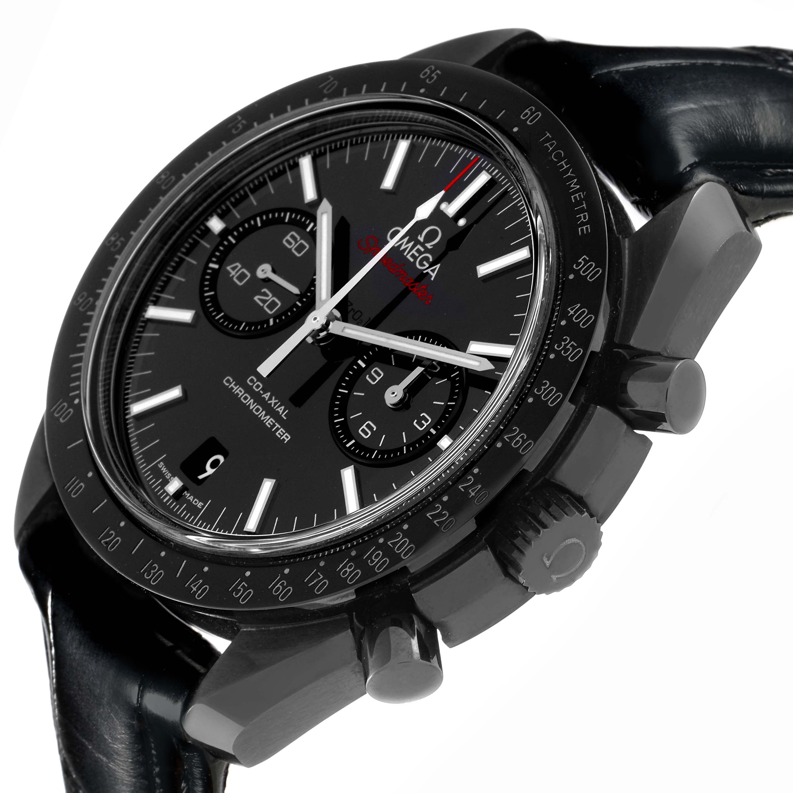 The Omega Speedmaster 311.92.44.51.01.003 Men's Ceramic Black Dial watch is shown at a three-quarter angle, highlighting the dial, bezel, and pushers.