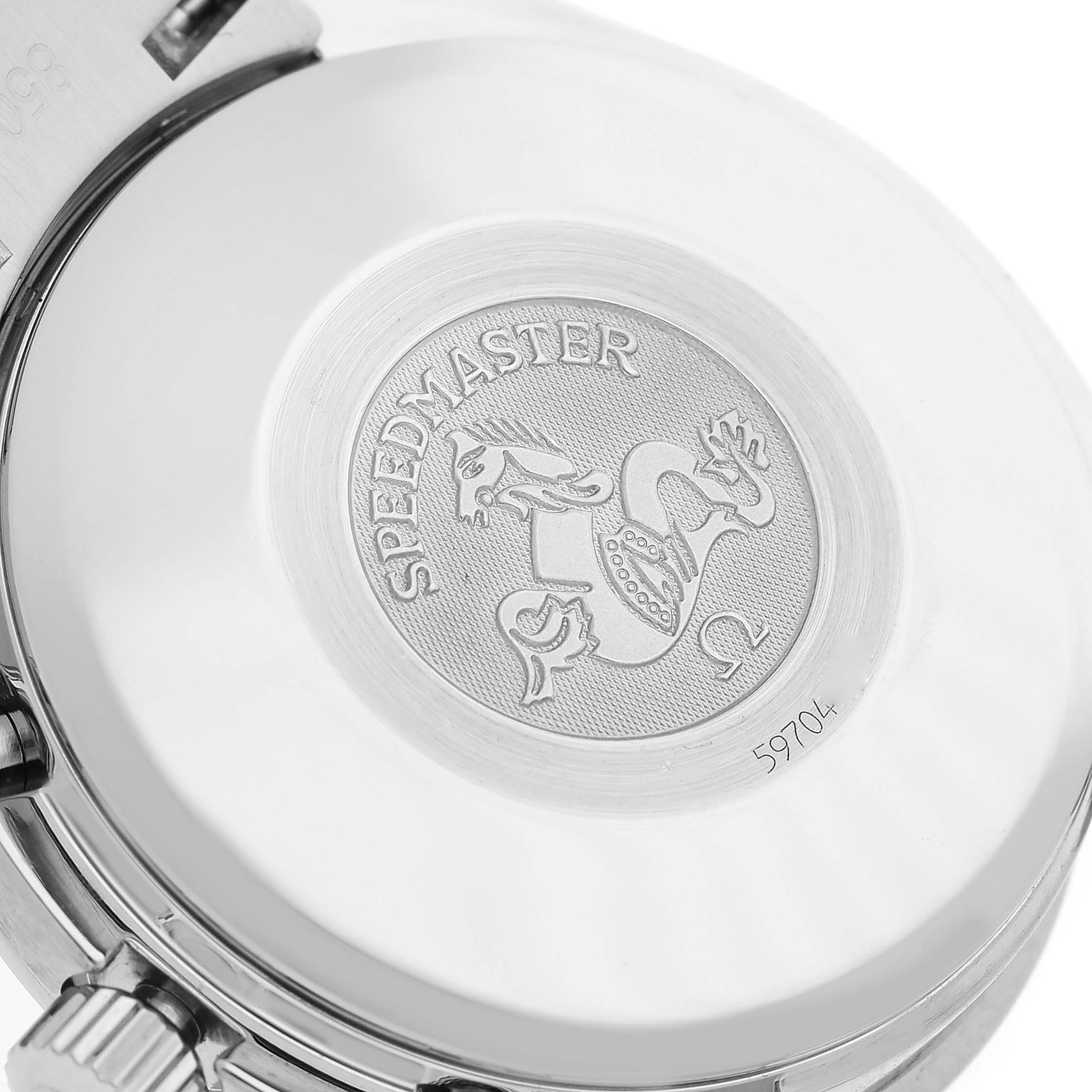 The image shows the back case of an Omega Speedmaster 3513.54.00 Men
s Stainless Steel Black Dial 3513.54.00 Men
s Stainless Steel Black Dial watch, featuring the engraved logo and serial number.