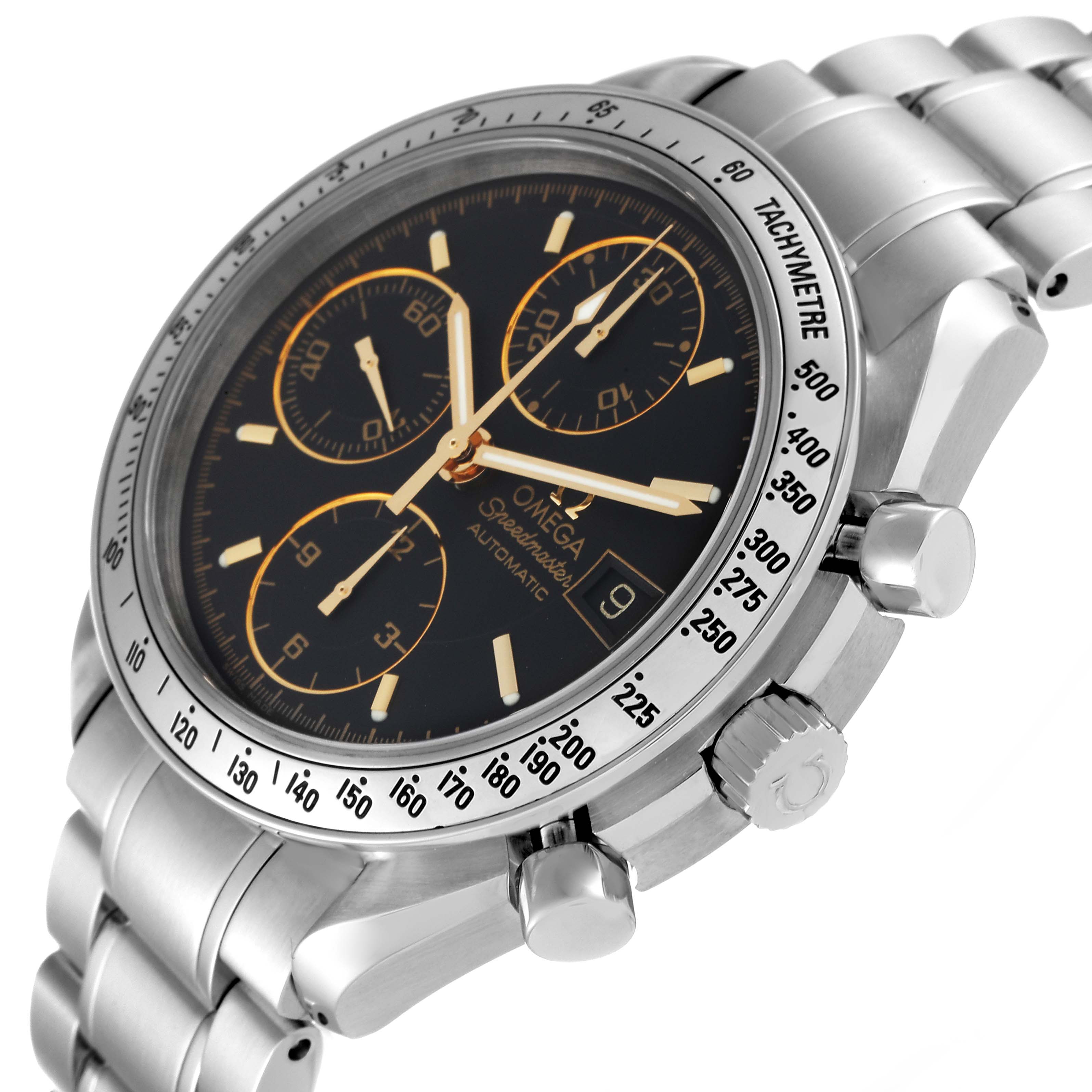 The image shows an angled view of the Omega Speedmaster 3513.54.00 Men
s Stainless Steel Black Dial 3513.54.00 Men
s Stainless Steel Black Dial watch, highlighting the dial, bezel, crown, and pushers.