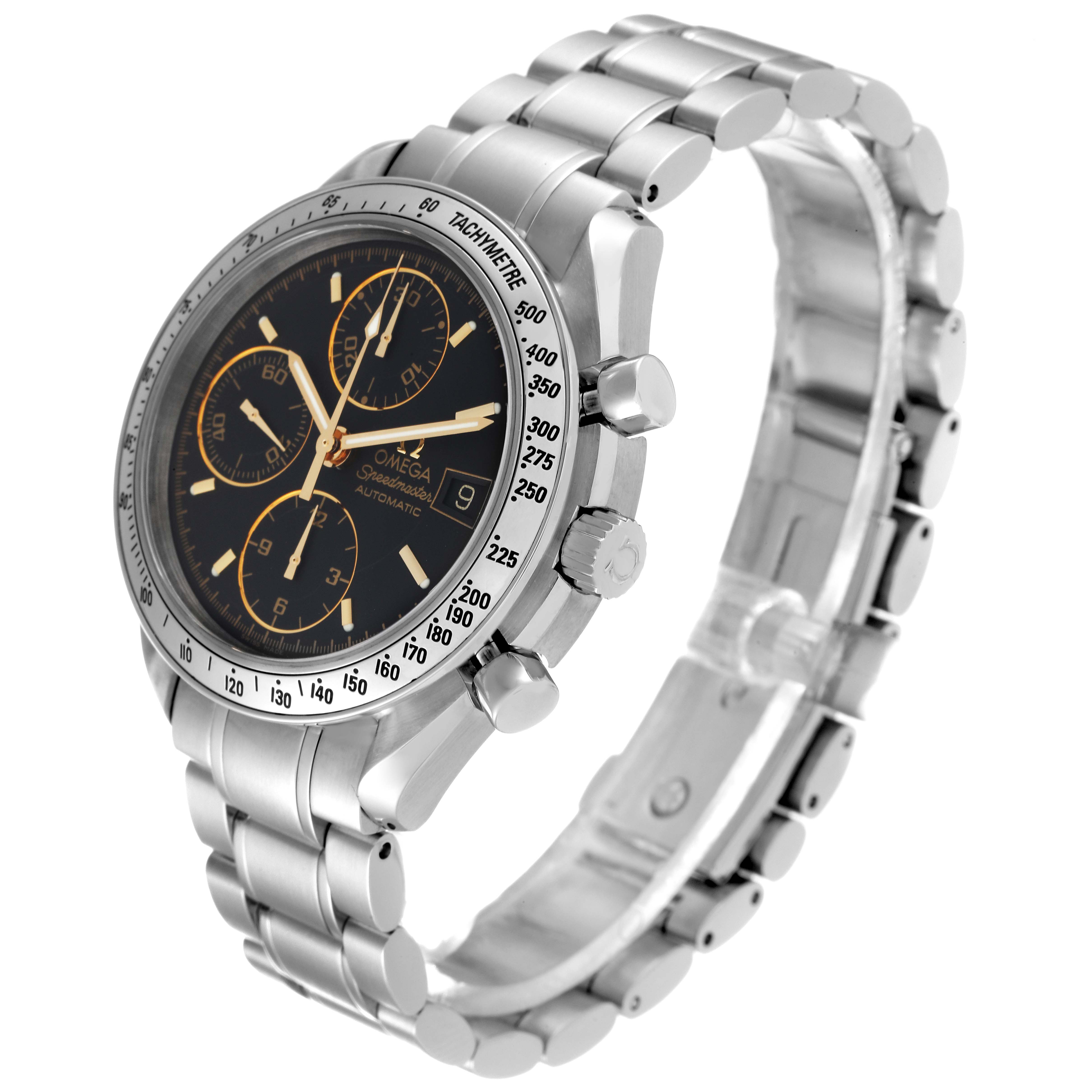 The image shows an angled side view of an Omega Speedmaster 3513.54.00 Men
s Stainless Steel Black Dial 3513.54.00 Men
s Stainless Steel Black Dial watch, highlighting the face, crown, pushers, and metal bracelet.