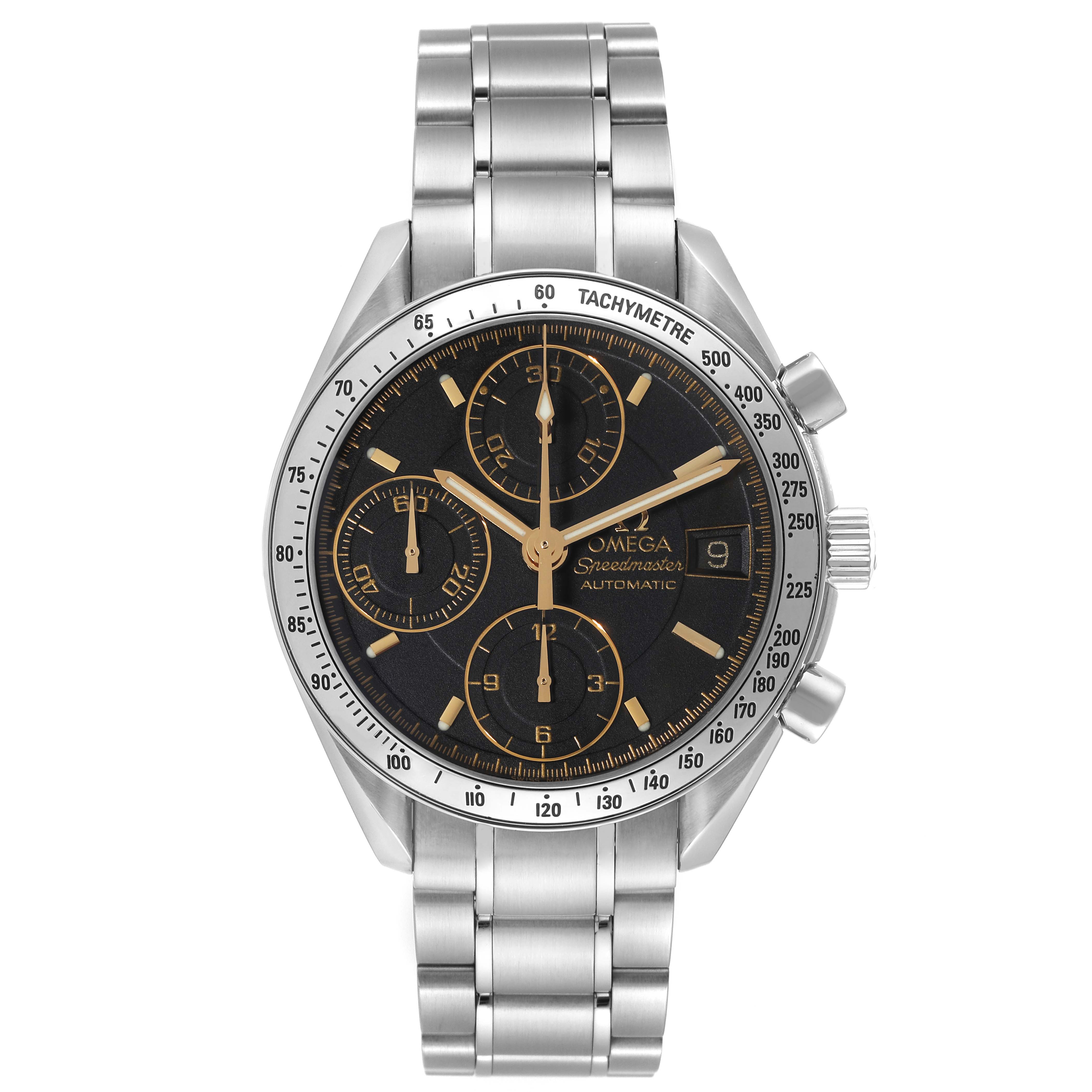 The image shows an Omega Speedmaster 3513.54.00 Men
s Stainless Steel Black Dial 3513.54.00 Men
s Stainless Steel Black Dial from the front, highlighting its bracelet, tachymetre bezel, and chronograph sub-dials.