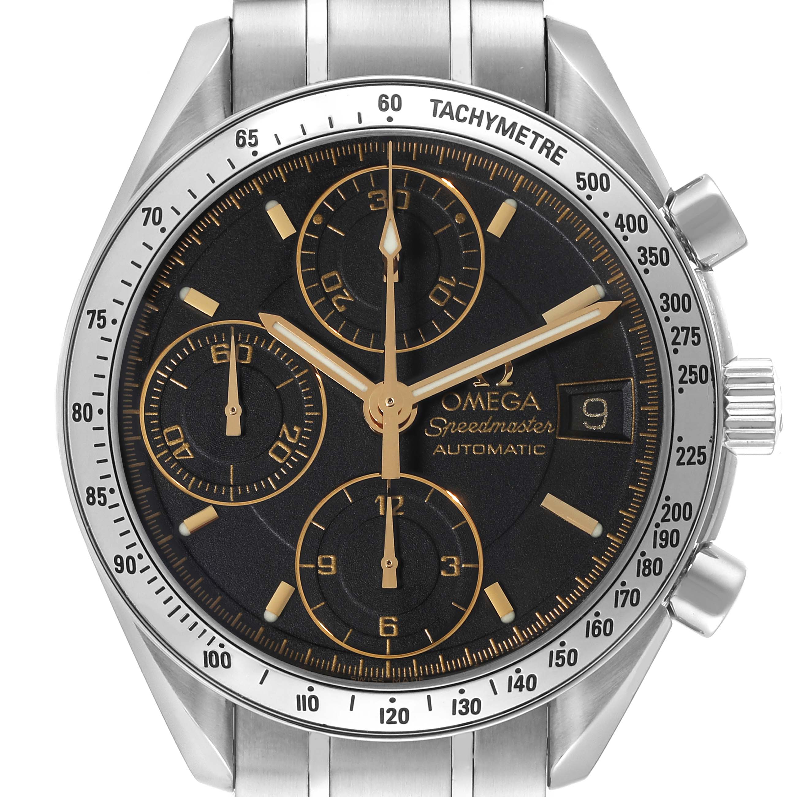 The image shows a frontal view of the Omega Speedmaster 3513.54.00 Men
s Stainless Steel Black Dial 3513.54.00 Men
s Stainless Steel Black Dial watch, highlighting the dial, subdials, bezel, and crown.