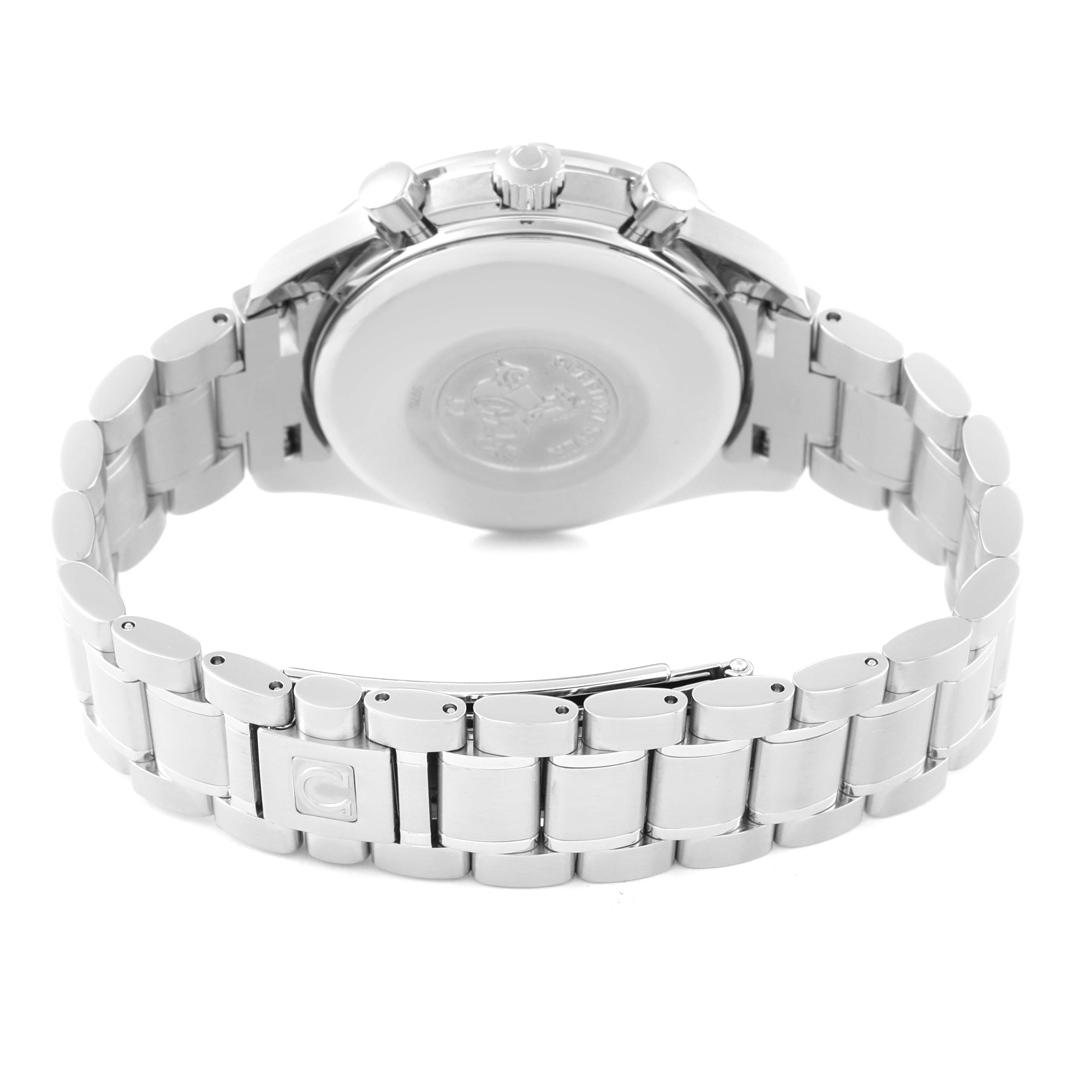 The image shows the back case and stainless steel bracelet of an Omega Speedmaster 3513.54.00 Men
s Stainless Steel Black Dial 3513.54.00 Men
s Stainless Steel Black Dial watch.