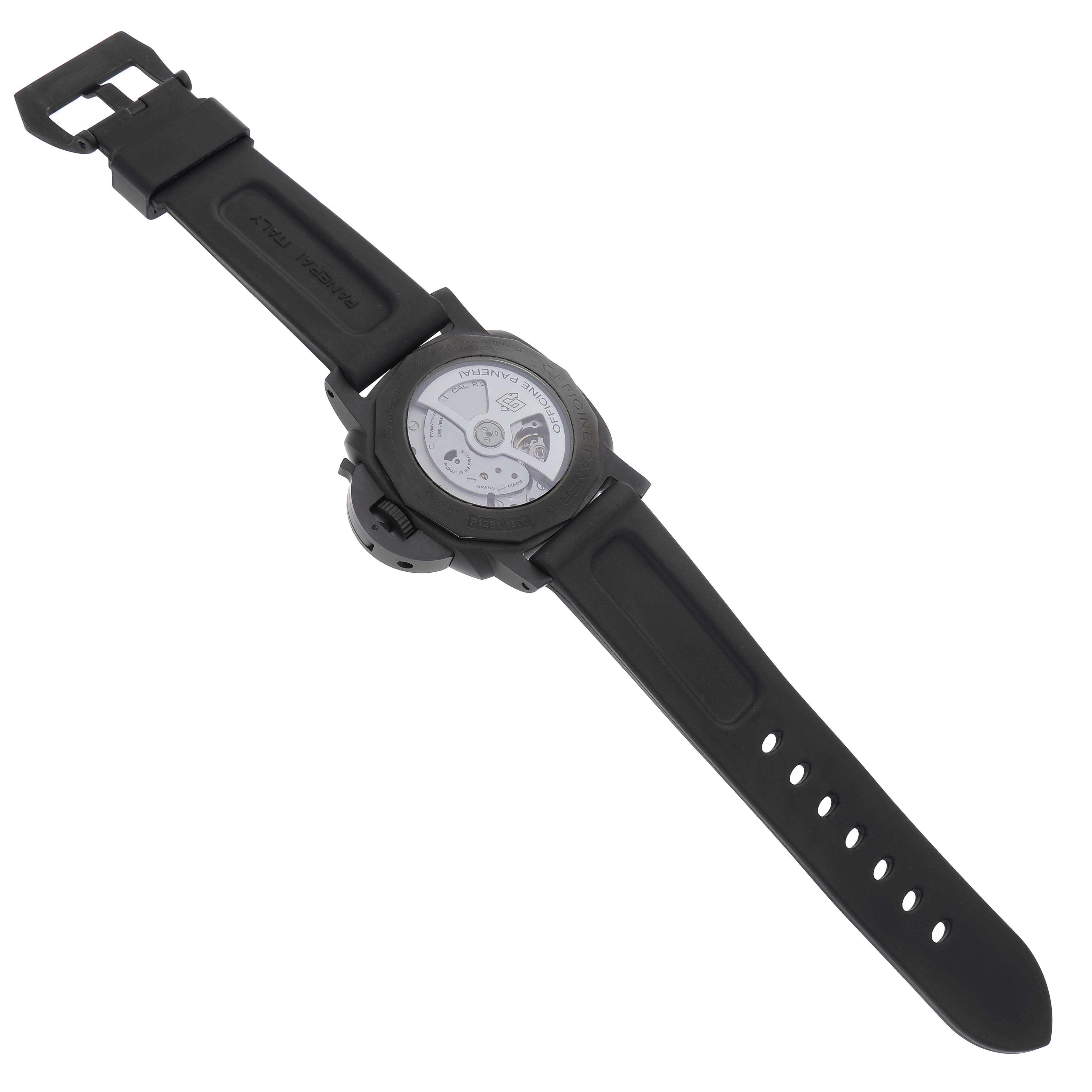 The image shows the back view of a Panerai Luminor PAM00441 Men's Ceramic Black Dial watch, highlighting the case back, movement, and black rubber strap.