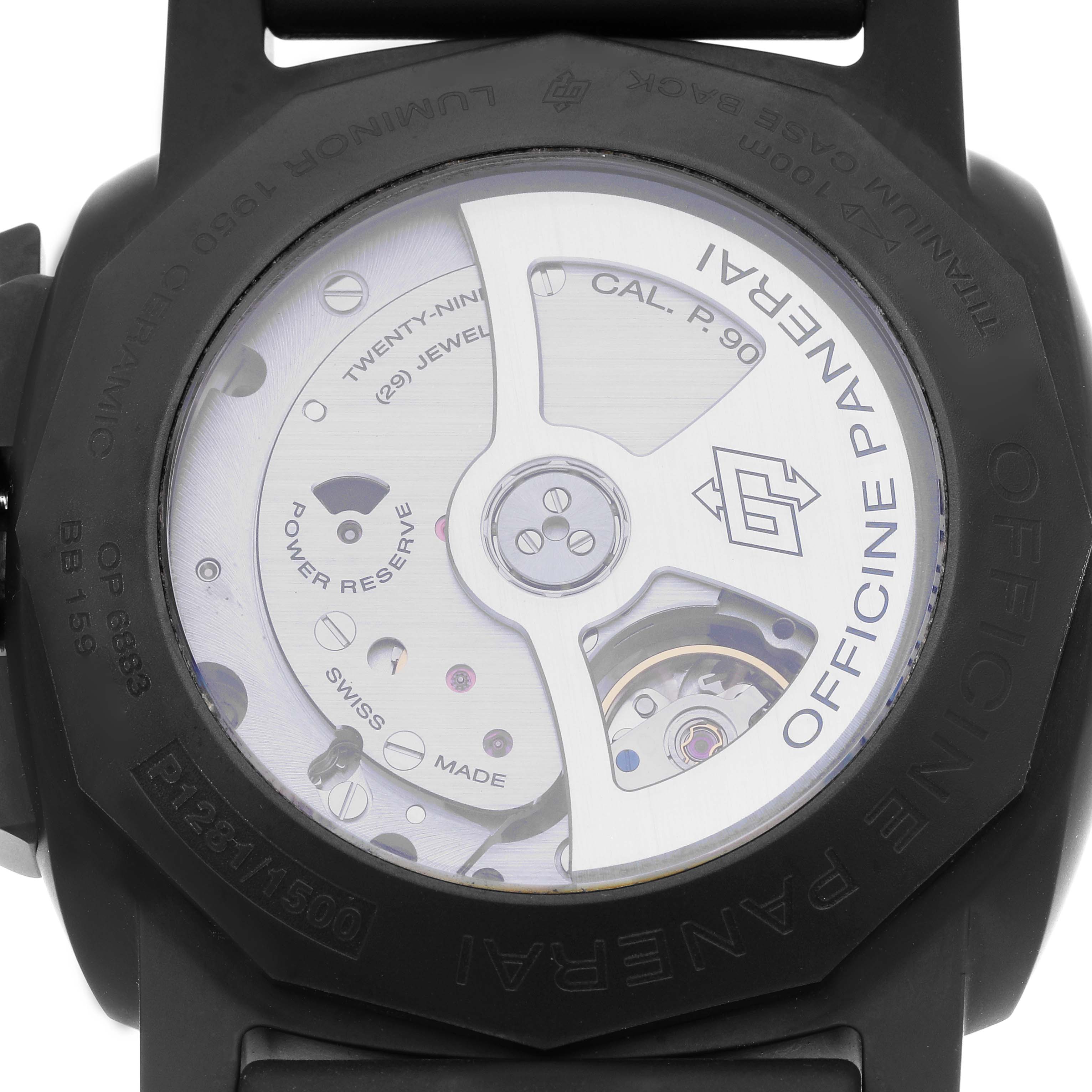 The image shows the back of a Panerai Luminor PAM00441 Men's Ceramic Black Dial watch, highlighting the movement and rotor inside the case.