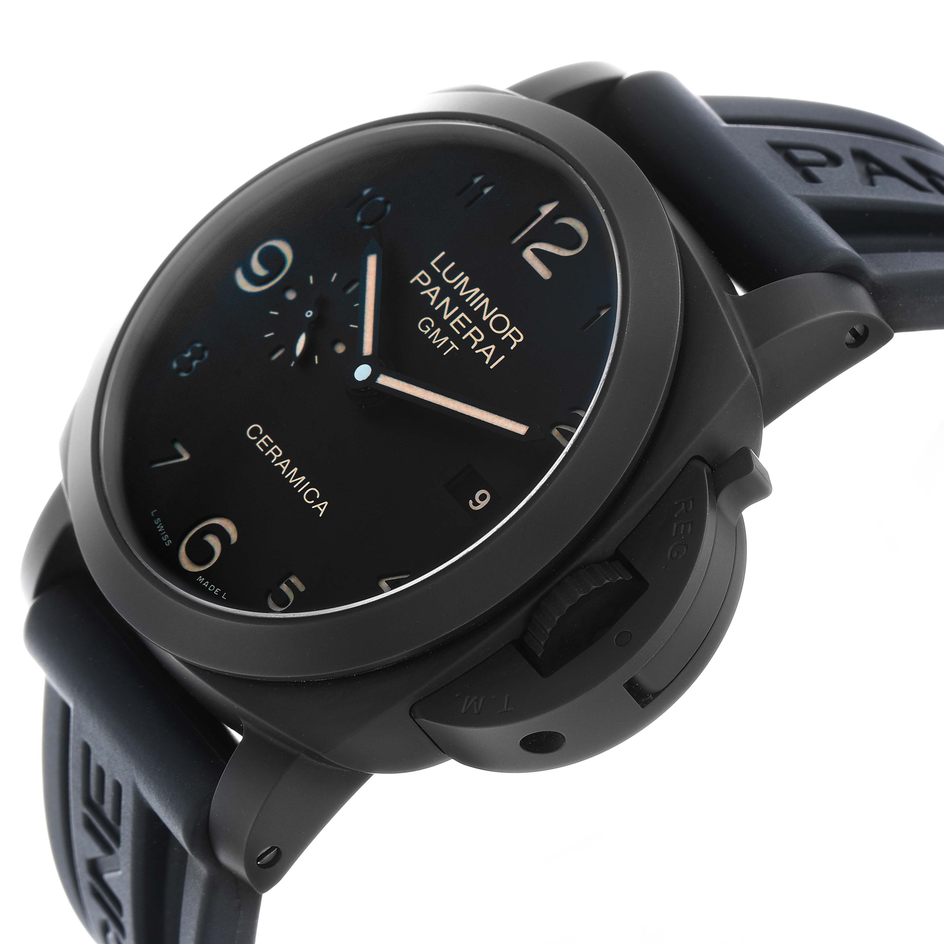 The Panerai Luminor PAM00441 Men's Ceramic Black Dial watch is shown at a slight angle, highlighting the dial, crown guard, and rubber strap.