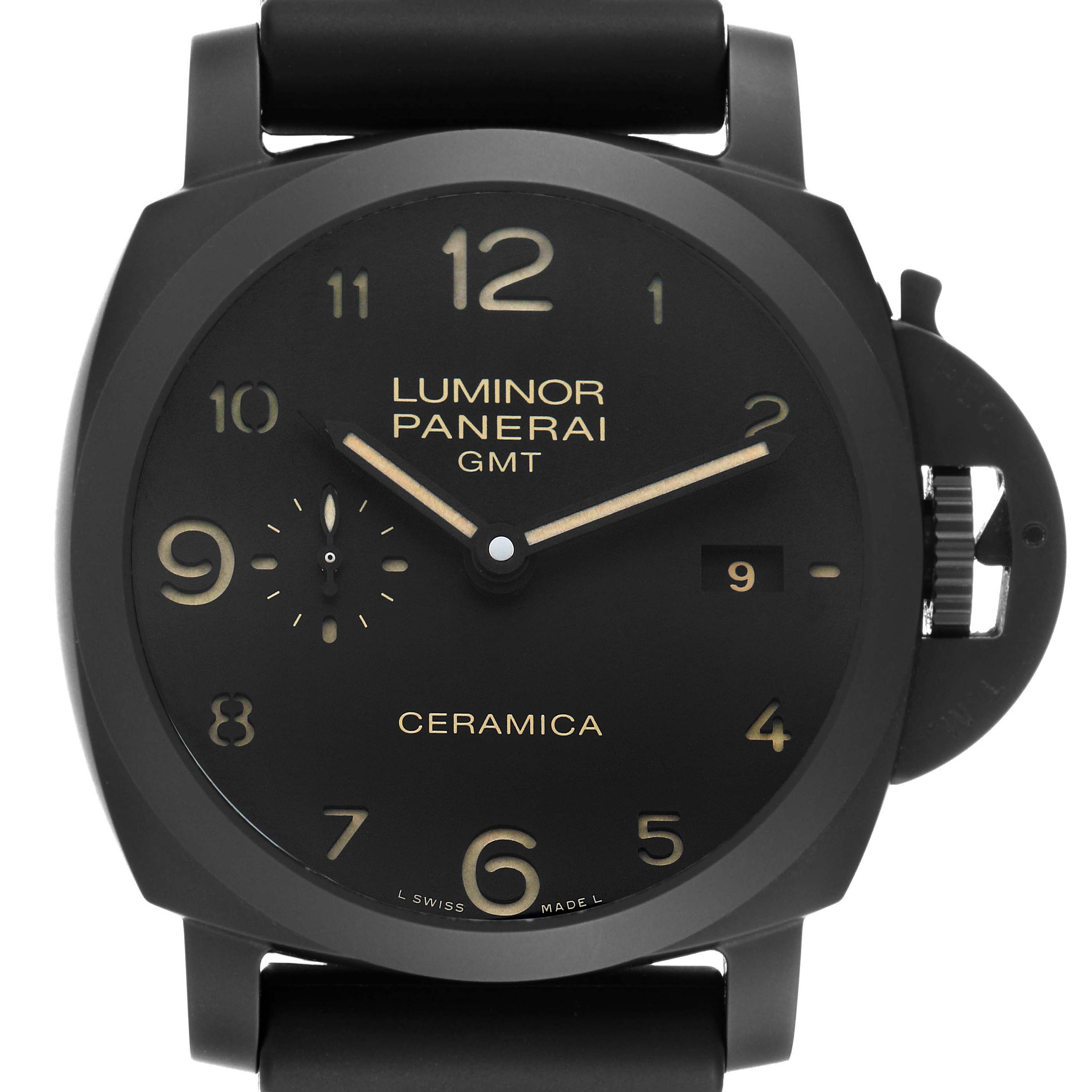 The Panerai Luminor PAM00441 Men's Ceramic Black Dial watch is shown from a front angle, featuring the dial, hour markers, and crown-protecting bridge.