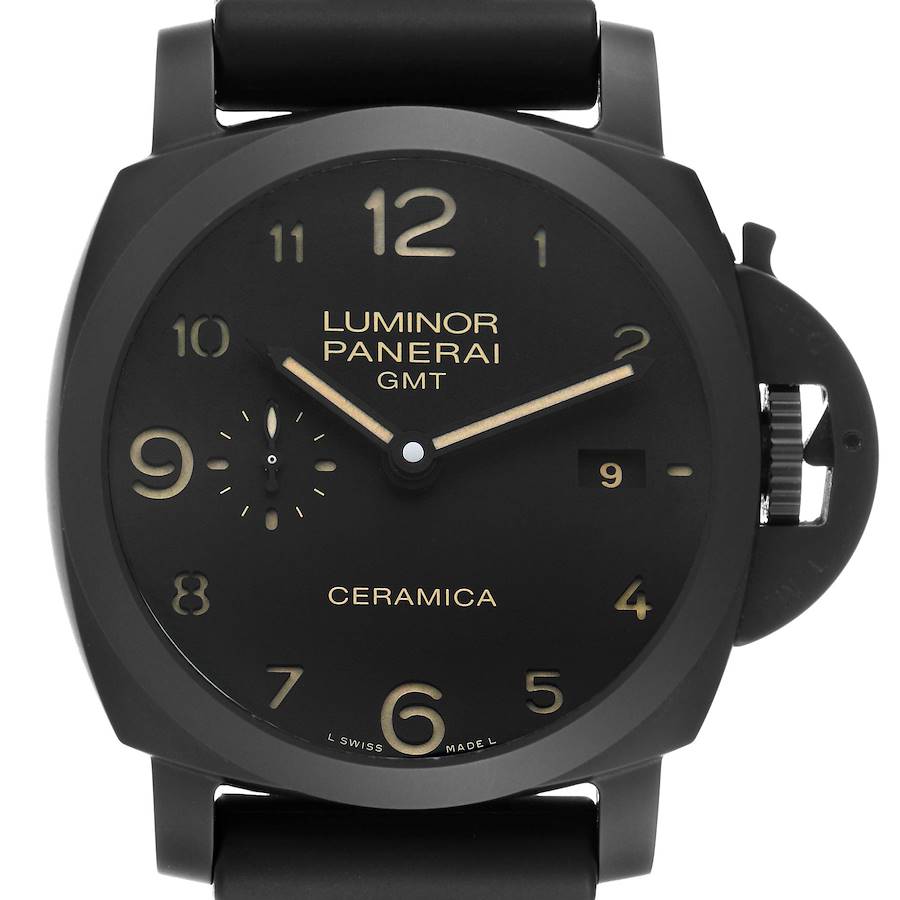 The Panerai Luminor PAM00441 Men's Ceramic Black Dial watch is shown from a front angle, featuring the dial, hour markers, and crown-protecting bridge.