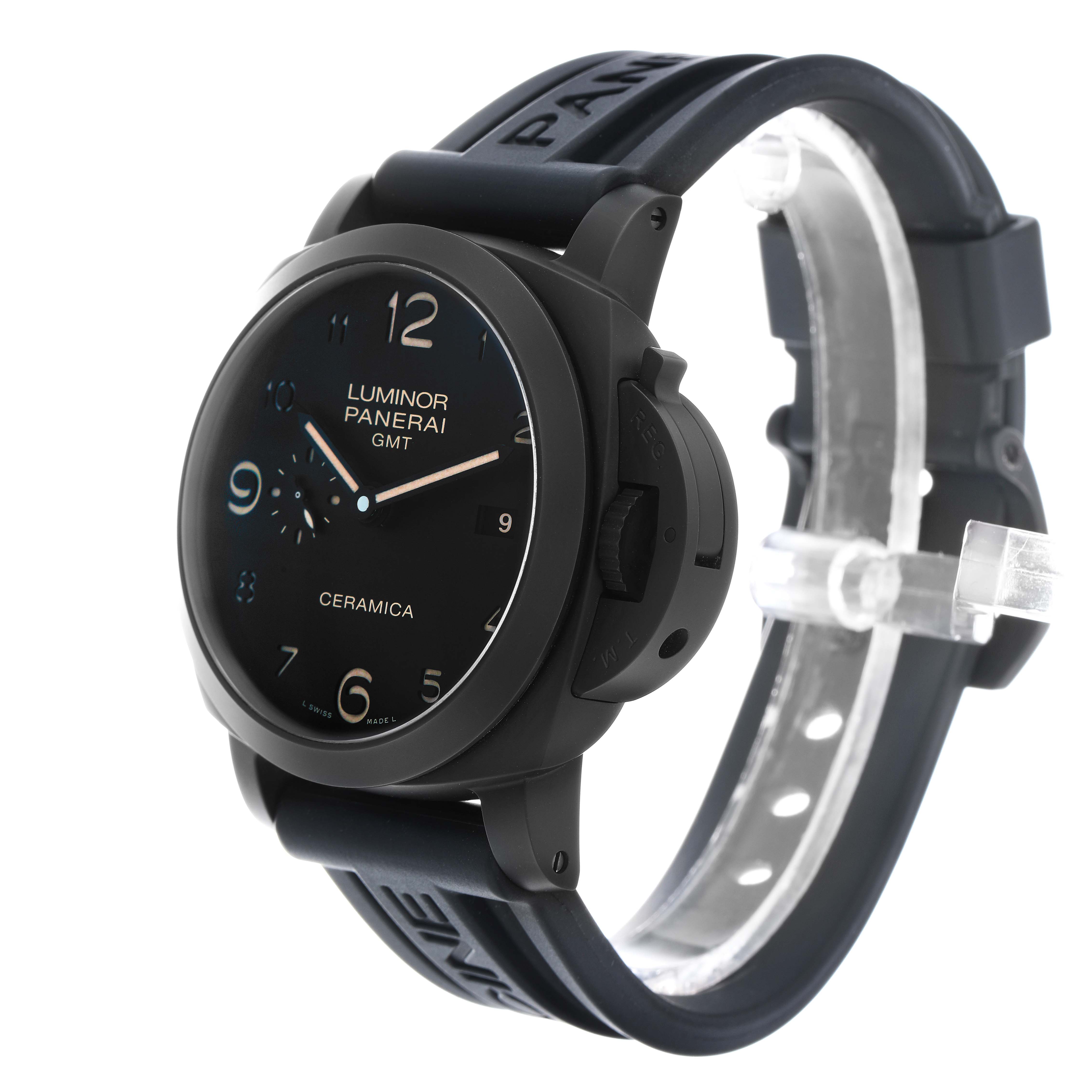 The Panerai Luminor PAM00441 Men's Ceramic Black Dial watch is shown at an angle, highlighting the face, crown guard, and black rubber strap.