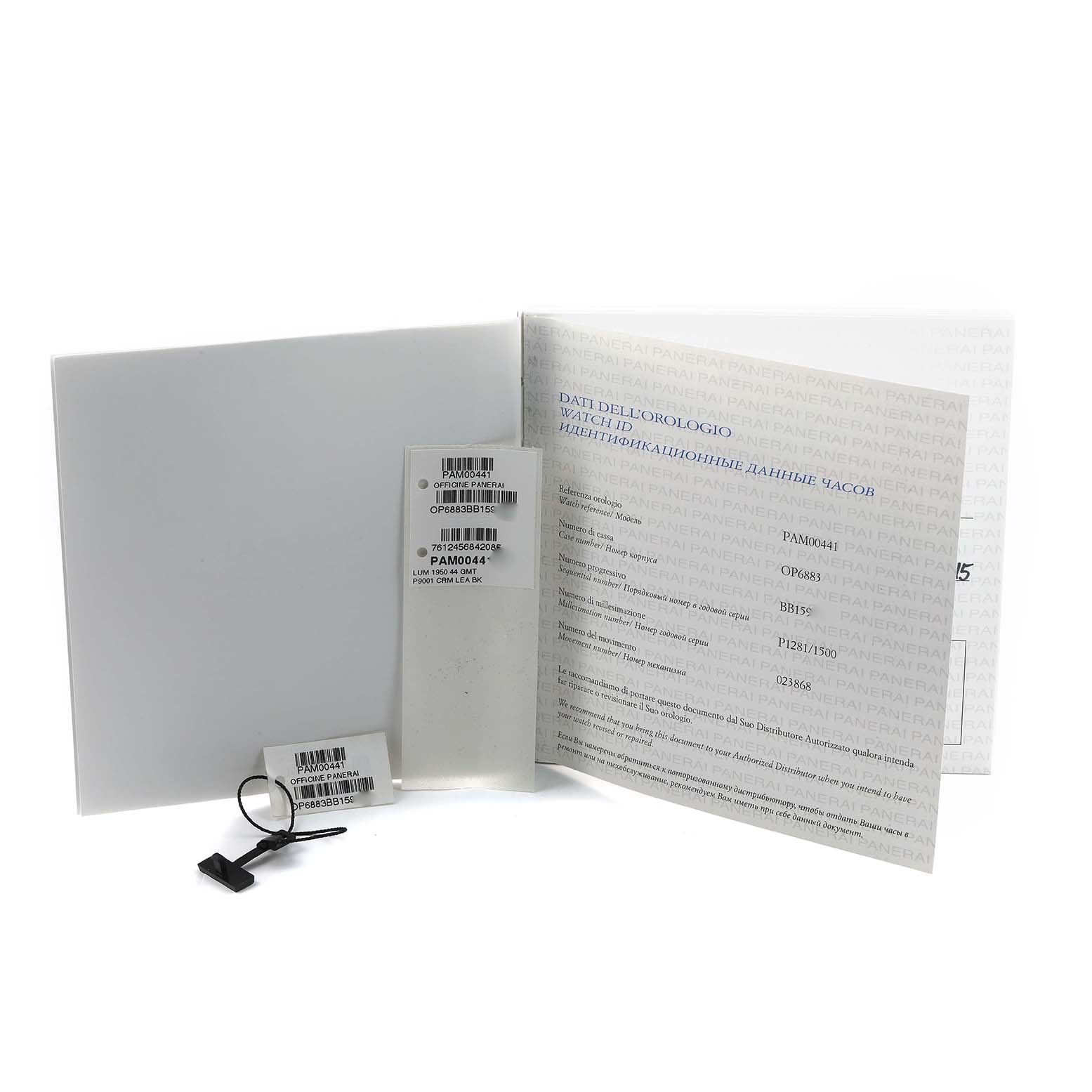 The image shows documentation and tags for the Panerai Luminor PAM00441 Men's Ceramic Black Dial model, including a booklet and watch tags.