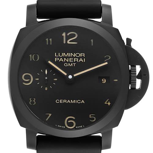 The image shows a front view of a Panerai Luminor PAM00441 Men's Ceramic Black Dial GMT Ceramica watch, highlighting its dial, hands, and crown guard.