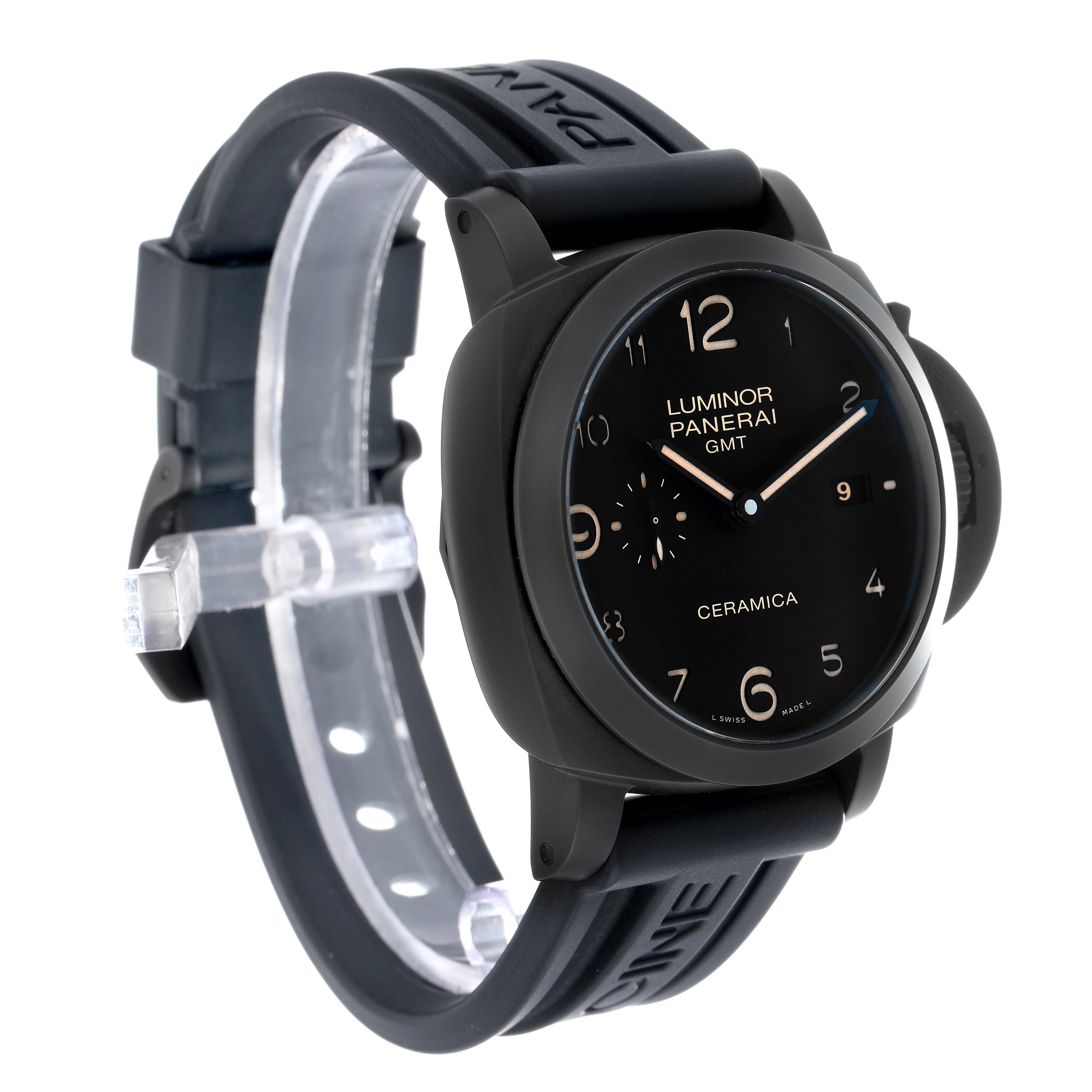 The Panerai Luminor PAM00441 Men's Ceramic Black Dial watch is shown at a three-quarter angle, highlighting the case, dial, and rubber strap.
