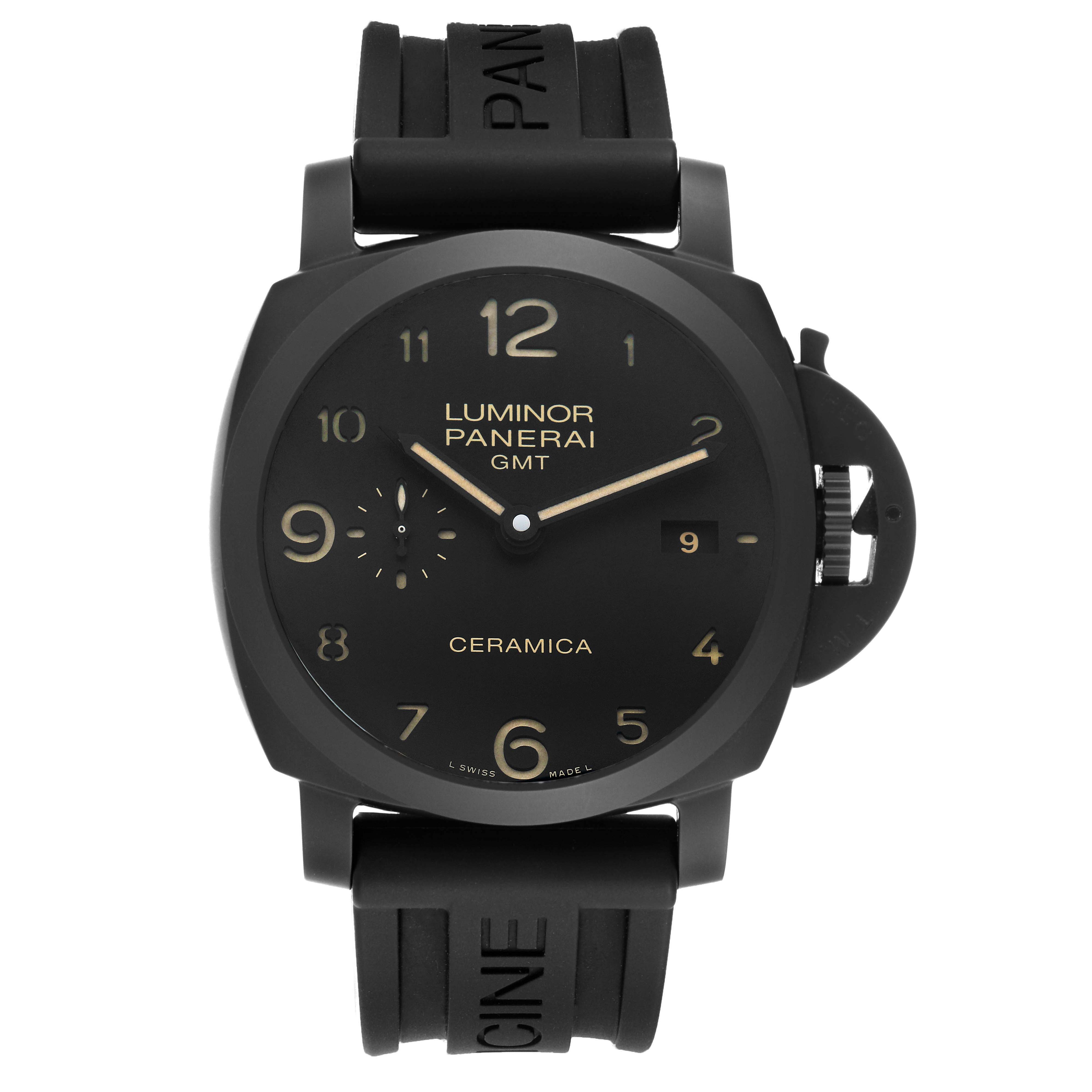 The Panerai Luminor PAM00441 Men's Ceramic Black Dial watch is shown front-on, displaying its face, straps, and the crown guard prominently.