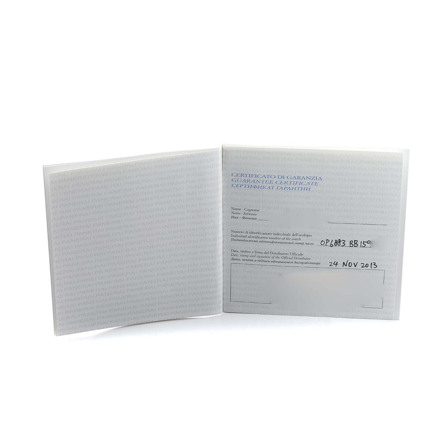 The image shows an open guarantee certificate booklet for a Panerai Luminor PAM00441 Men's Ceramic Black Dial watch, displaying text and handwritten details.