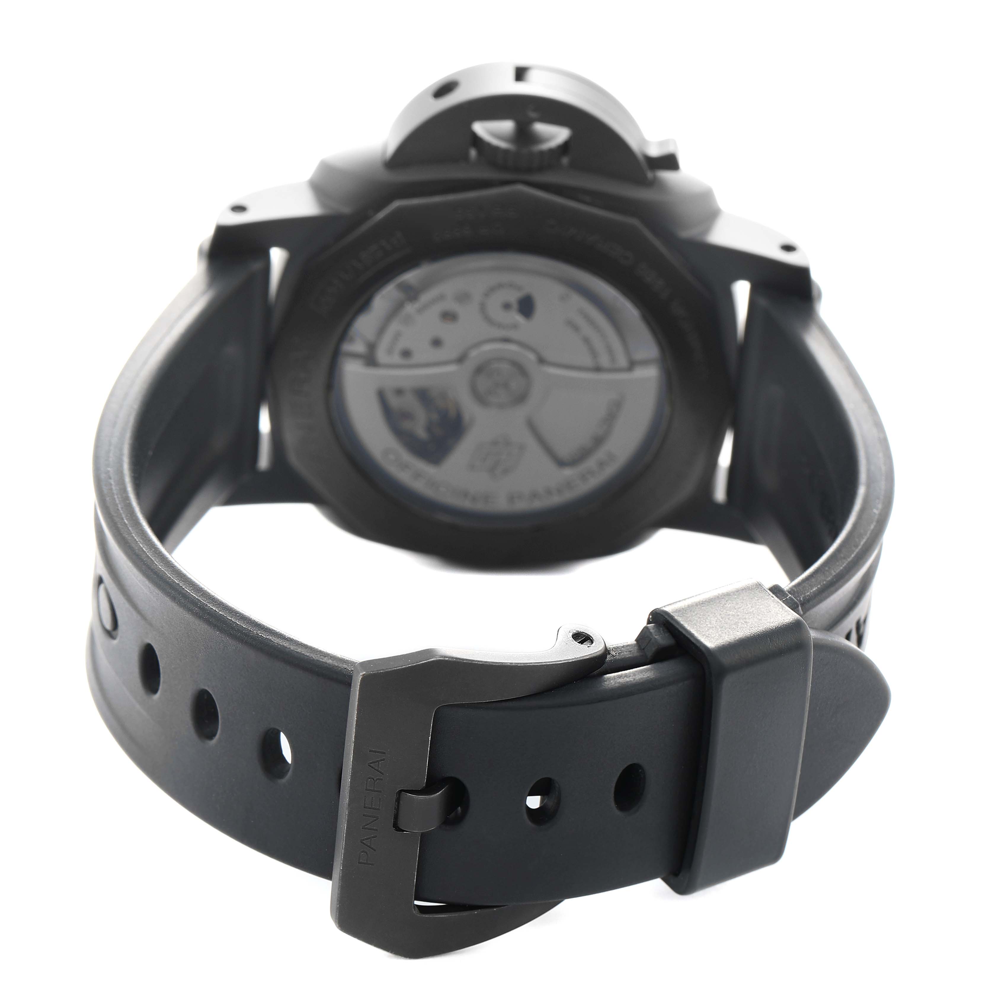 The image shows the back of the Panerai Luminor PAM00441 Men's Ceramic Black Dial watch, highlighting the strap, buckle, and transparent case back.