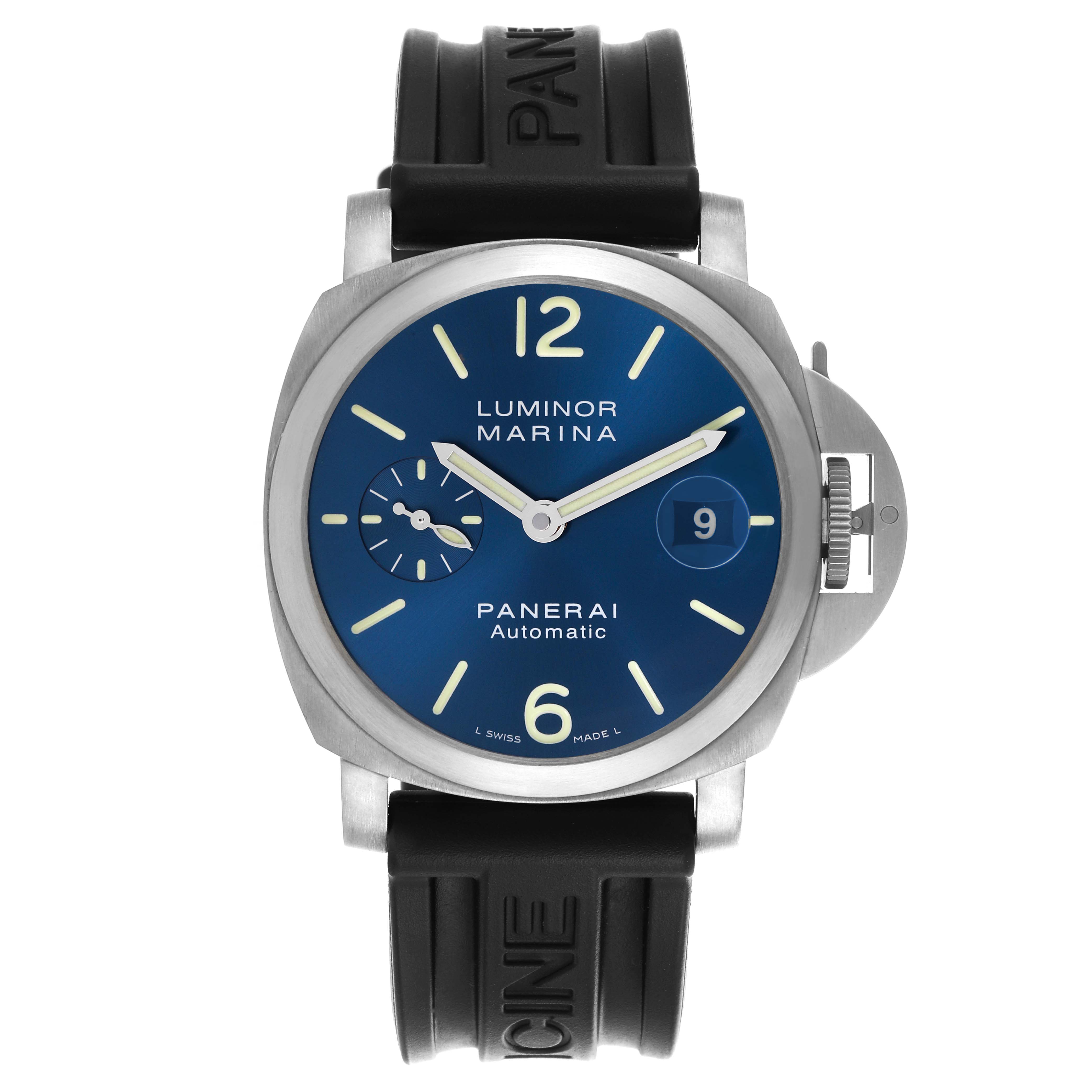 The Panerai Luminor PAM00282 Men's Titanium Blue Dial PAM00282 Men's Titanium Blue Dial watch is shown from the front, displaying its blue dial, markers, crown guard, and black strap.