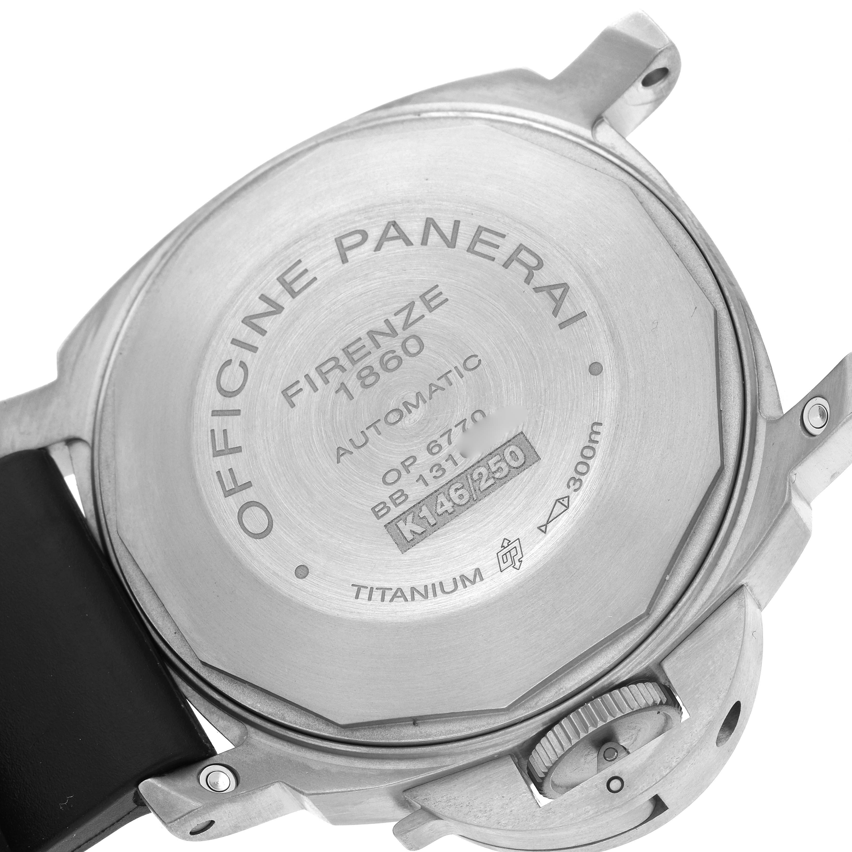 The image shows the back case of a Panerai Luminor PAM00282 Men's Titanium Blue Dial PAM00282 Men's Titanium Blue Dial watch, highlighting the engravings and titanium material.