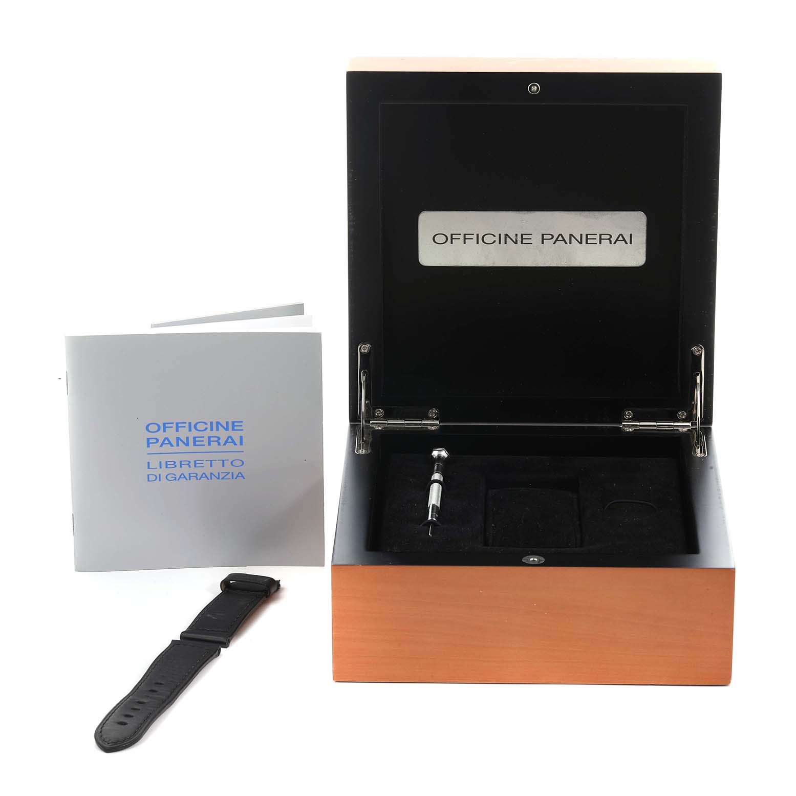 The image shows an open Panerai Luminor PAM00282 Men's Titanium Blue Dial PAM00282 Men's Titanium Blue Dial watch box, a manual, and a watch strap from a front angle.