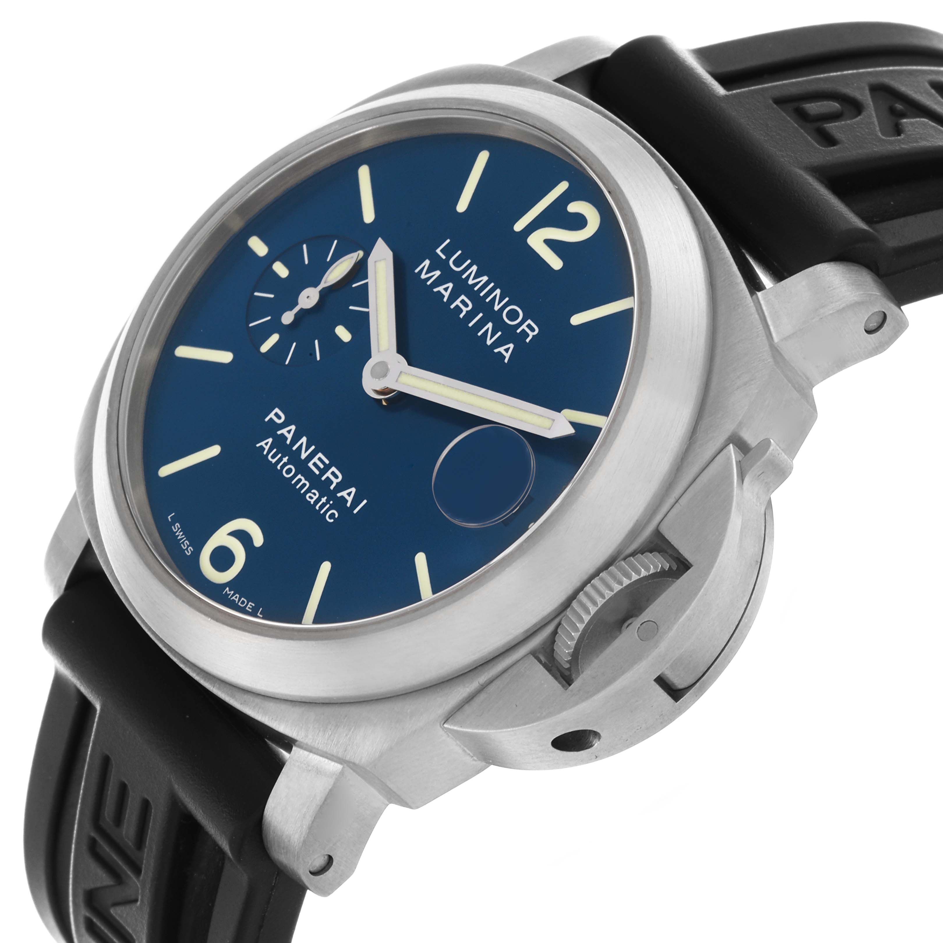 The Panerai Luminor PAM00282 Men's Titanium Blue Dial PAM00282 Men's Titanium Blue Dial watch is shown at an angle highlighting the face, bezel, crown guard, and strap attachment.