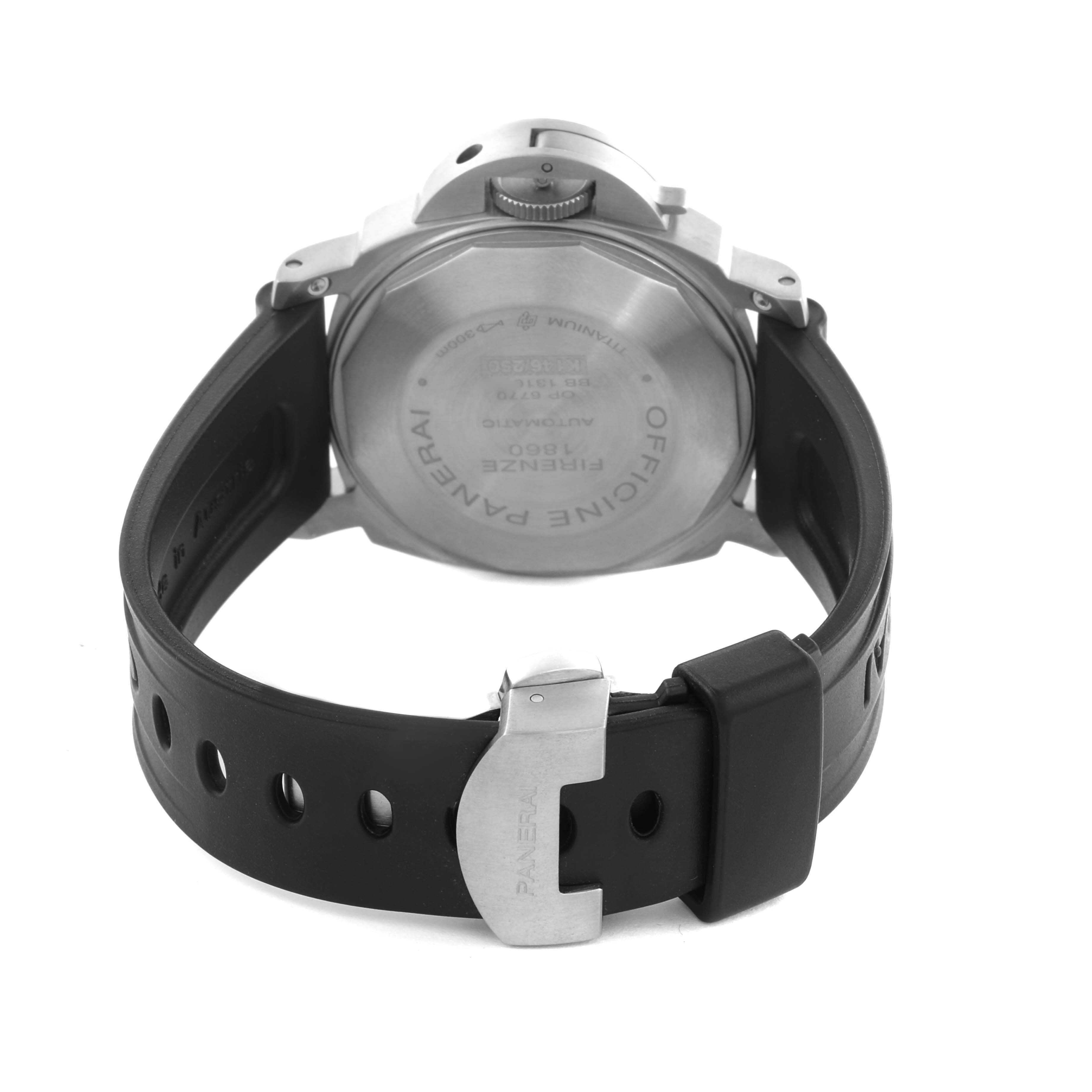 The image shows the back view of a Panerai Luminor PAM00282 Men's Titanium Blue Dial PAM00282 Men's Titanium Blue Dial watch with its strap and clasp visible.